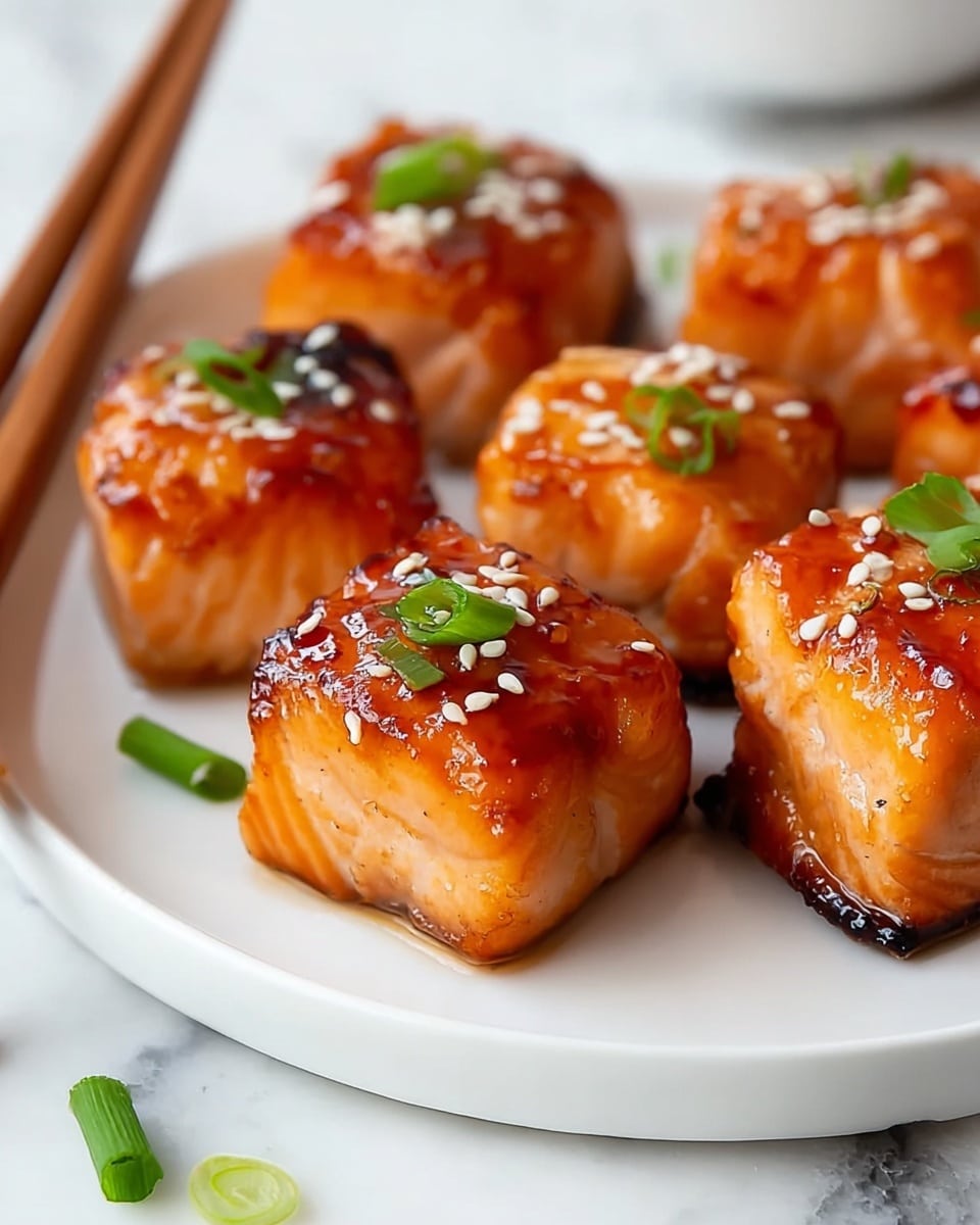 The image shows a close-up of several grilled salmon cubes arranged on a white plate. Each cube has a shiny, golden-brown surface coated with a sticky brown sauce, sprinkled with white sesame seeds. Small pieces of chopped green onions are scattered on top and around the salmon cubes, adding a touch of vibrant green. The texture of the salmon looks tender and flaky. In the foreground, a pair of wooden chopsticks rests on the white marbled surface near the plate. photo taken with an iphone --ar 4:5 --v 7