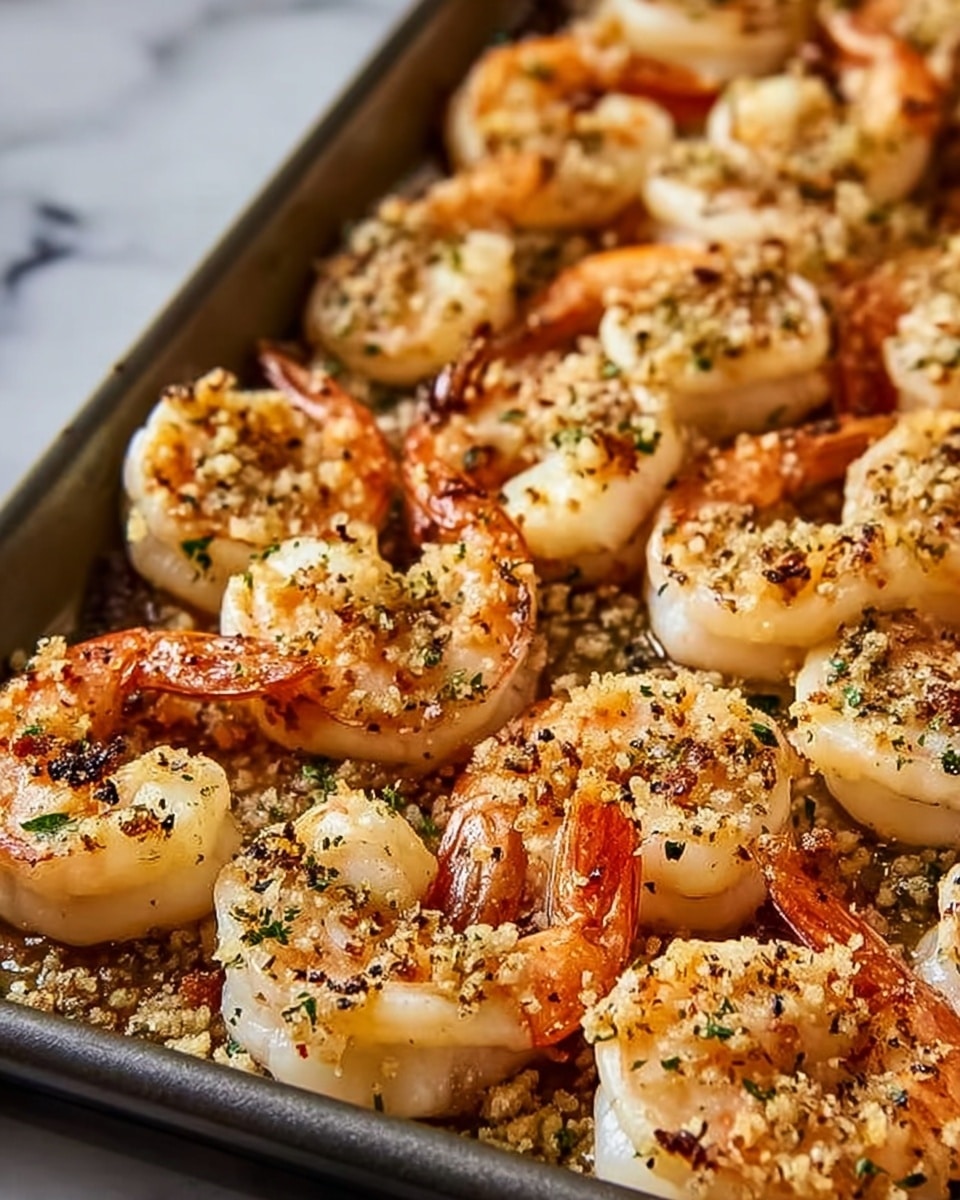 The image shows a tray filled with cooked shrimp arranged in neat rows, each shrimp curled with a golden brown grilled surface speckled with black pepper and herbs, and topped with a layer of crispy light brown breadcrumbs mixed with green herbs. The shrimp have an orange tail and a juicy, translucent white body, sitting close together covering almost the entire tray. The background appears to be a white marbled texture. Photo taken with an iphone --ar 4:5 --v 7