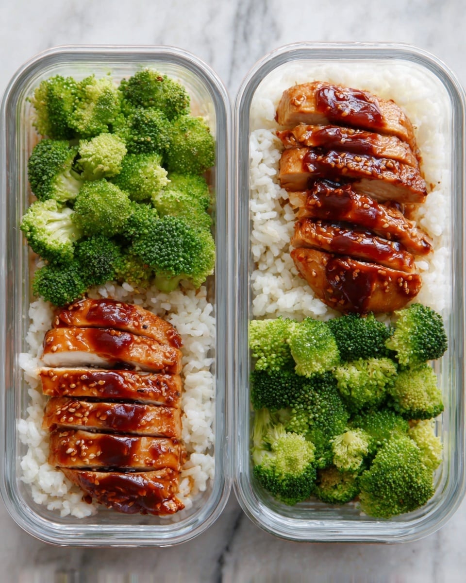 The image shows two clear rectangular meal prep containers placed side by side on a white marbled surface. Each container has three layers: the bottom layer is fluffy white rice, the middle layer on one side features bright green broccoli florets with a textured, fresh look, and the top layer on the other side holds a sliced piece of glazed chicken breast with a shiny, dark brown teriyaki sauce. The chicken slices are arranged neatly in a row with a slightly glossy surface. photo taken with an iphone --ar 4:5 --v 7