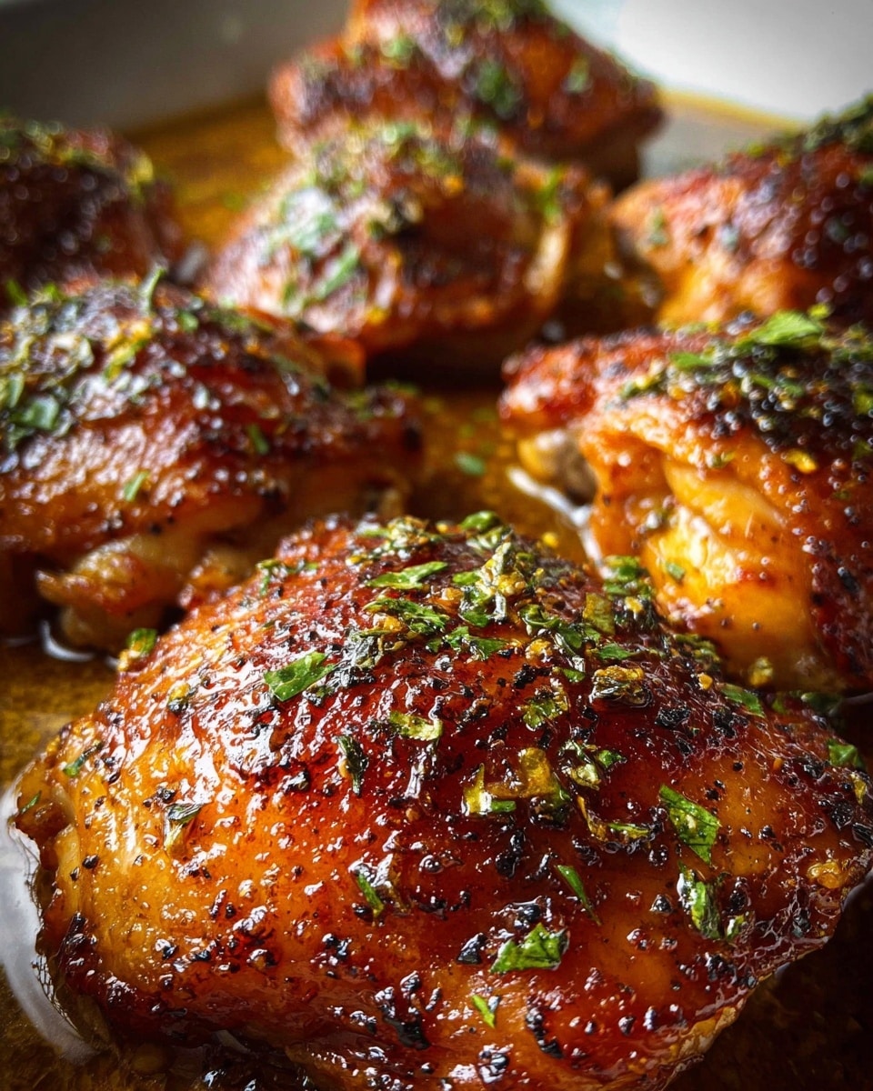 The image shows several pieces of cooked chicken thighs with a rich, glossy, caramelized brown skin that glistens with oil. The chicken is seasoned with visible sprinklings of chopped green herbs and black pepper, adding texture and color contrast. The chicken pieces are nestled closely together, sitting in a shallow pool of flavorful looking juices, indicating a juicy and tender inside. The background is softly blurred, focusing attention on the sharp, appetizing details of the chicken in the foreground. The photo is set against a white marbled texture. Photo taken with an iphone --ar 4:5 --v 7
