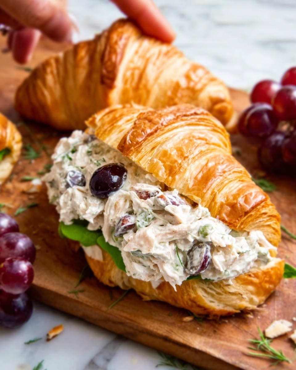 A golden, flaky croissant sliced open and filled with a creamy white chicken salad mixed with small dark purple grapes and finely chopped herbs. The chicken salad fills the croissant evenly, peeking out from the sides, with a few green leafy pieces visible underneath the filling. The croissant rests on a wooden surface with some herbs and grapes scattered around. A woman's hand is reaching toward the croissant near the top left. The background is changed to a white marbled texture. photo taken with an iphone --ar 4:5 --v 7