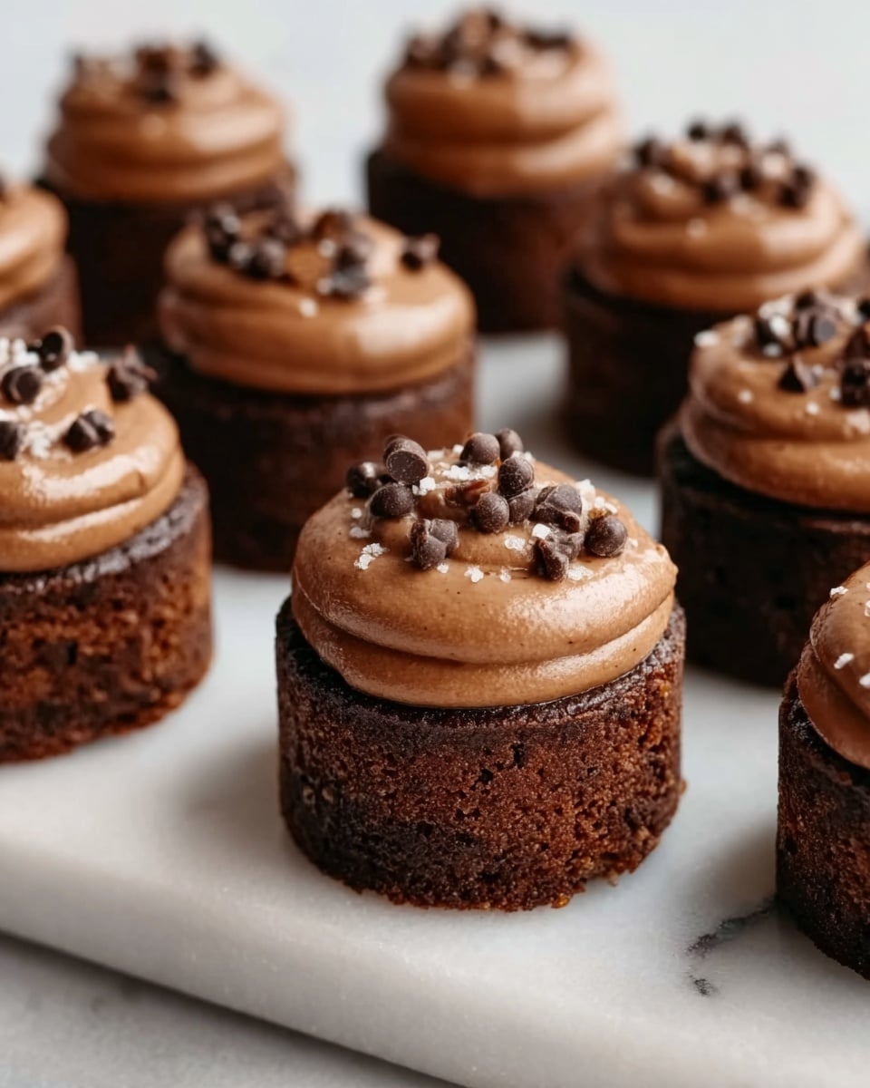 The image shows several small, round chocolate cakes placed closely together on a white marble surface. Each cake has two layers: a dense, dark brown base and a thick, smooth milk chocolate frosting on top. The frosting is neatly swirled and decorated with small chocolate chips and crunchy nuts. The cakes have a rich, moist texture, and the overall look is glossy and inviting. photo taken with an iphone --ar 4:5 --v 7