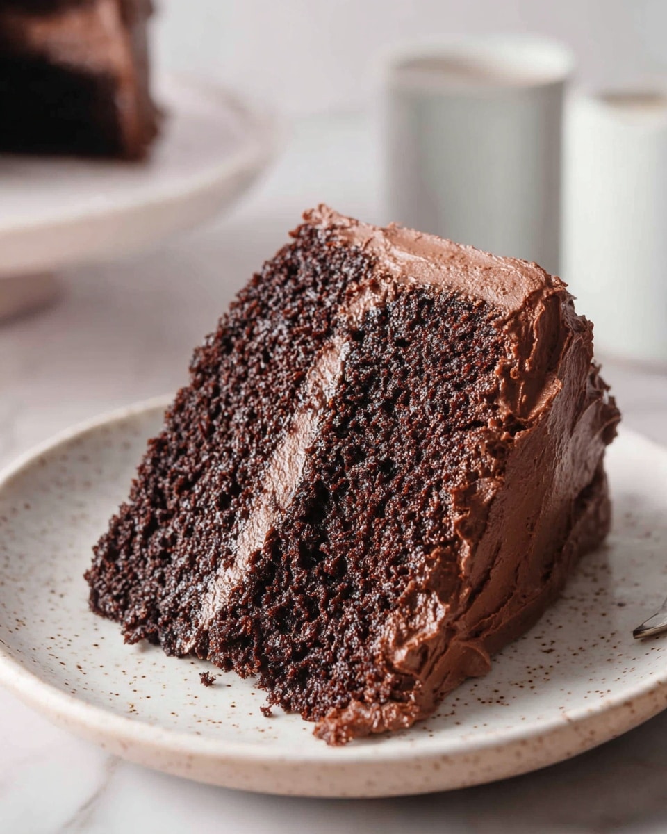 A single slice of two-layer chocolate cake sits on a white speckled plate. The cake layers are dark brown and moist with a dense texture, separated and topped by thick, smooth, and creamy chocolate frosting that also covers the sides. The background has a white marbled texture with soft lighting, and two white cups are blurred in the back. photo taken with an iphone --ar 4:5 --v 7