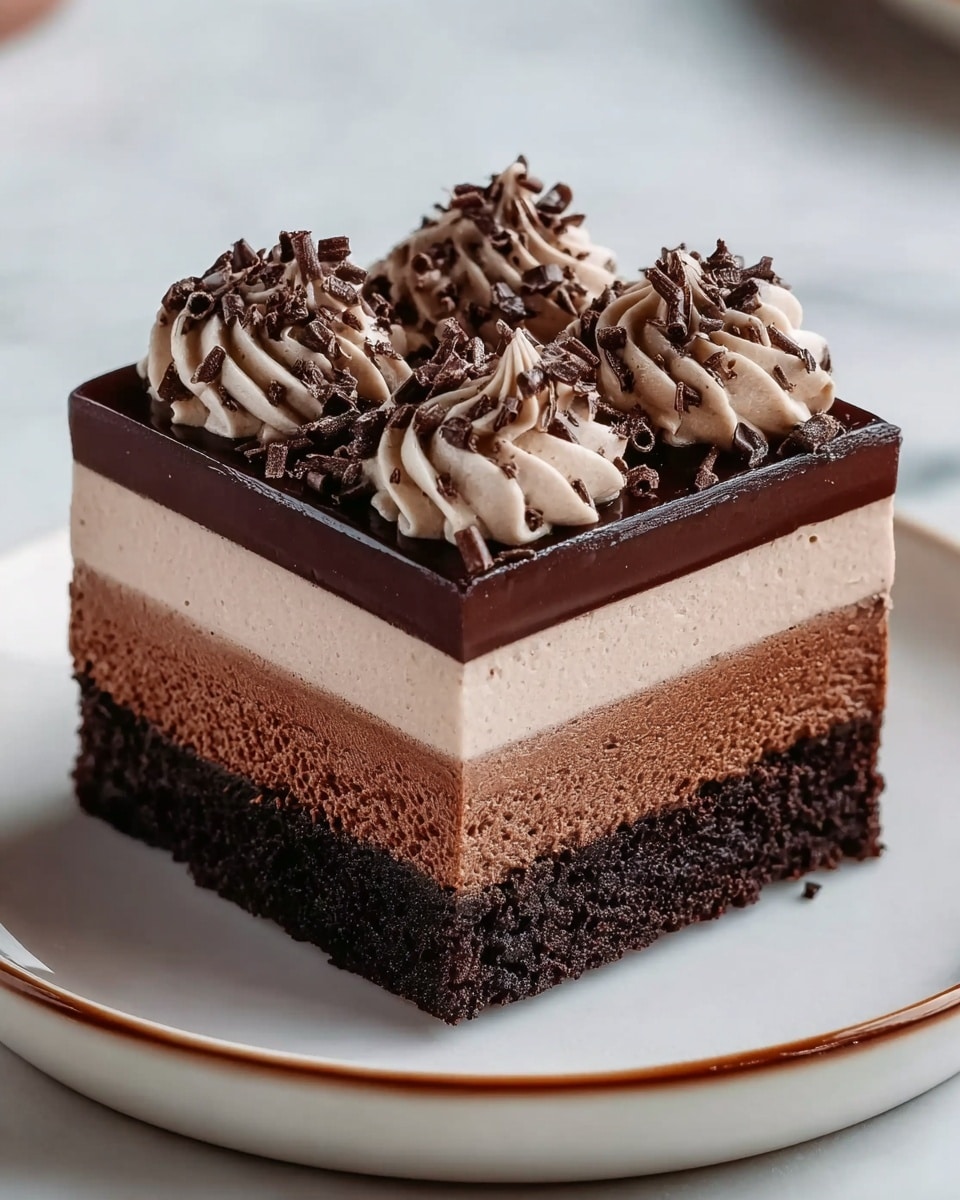 A square chocolate dessert with four clear layers sits on a white plate with a subtle golden rim, placed on a white marbled surface. The bottom layer is a dark, moist-looking chocolate cake, followed by a thick middle layer of light, smooth chocolate mousse. Above this is a thin, glossy layer of solid chocolate ganache, topped by five evenly spaced swirls of creamy chocolate frosting decorated with small dark chocolate shavings. Some chocolate bits are scattered gently near the dessert on the plate. photo taken with an iphone --ar 4:5 --v 7