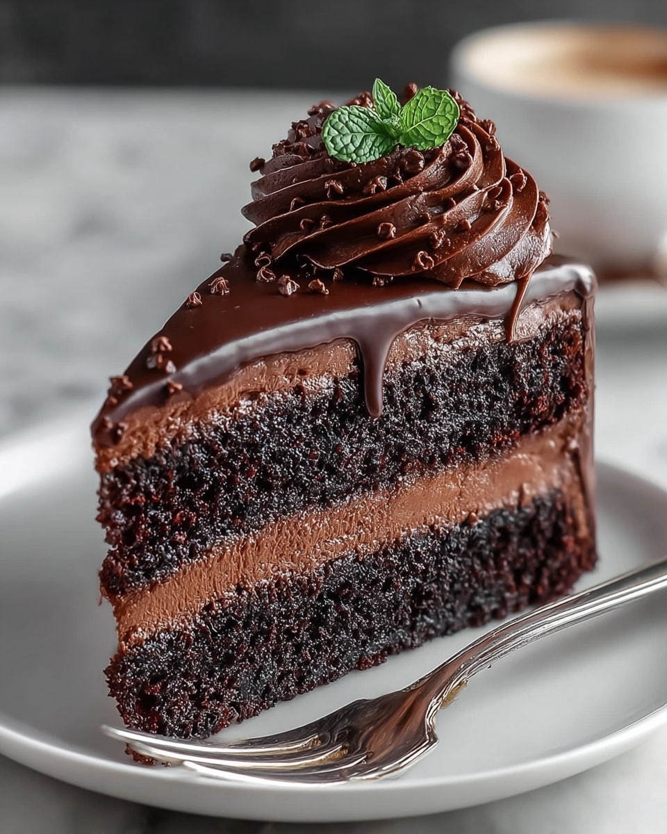 A slice of chocolate cake with three main layers sits on a white plate on a white marbled surface. The bottom and top layers are dark, moist chocolate cake with a rough texture, while the middle layer is smooth, creamy chocolate filling. The slice is topped with a shiny, thick chocolate glaze that drips slightly down the side. A swirl of rich chocolate frosting with a glossy finish and small chocolate crumbs sits on top, decorated with a small green mint leaf. Next to the cake on the plate is a silver fork. Photo taken with an iphone --ar 4:5 --v 7
