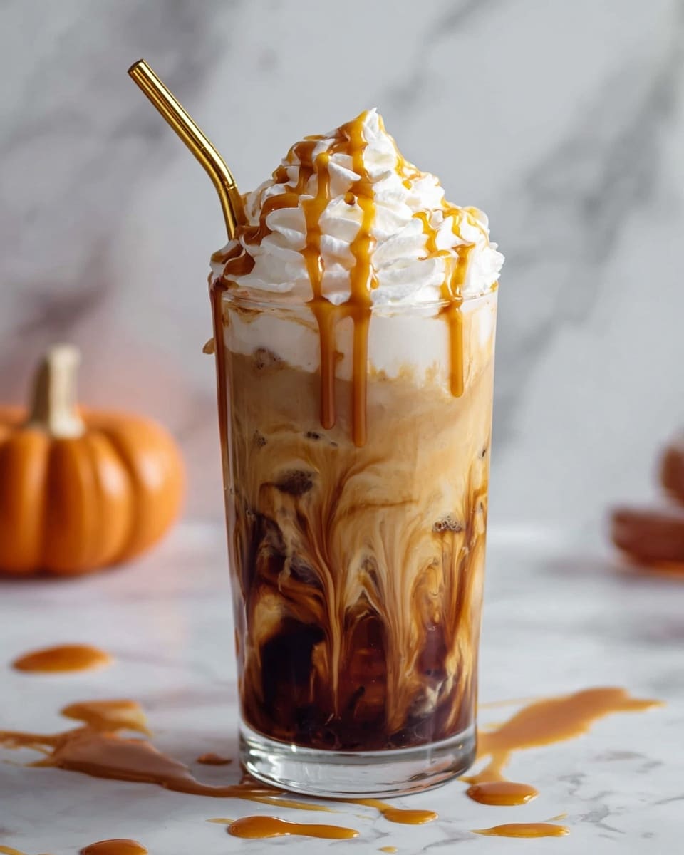 A clear tall glass filled with a layered drink that has swirls of dark brown and creamy beige mixing together inside, topped with a thick pile of white whipped cream drizzled with golden caramel sauce that also drips down the sides of the glass; a shiny gold metal straw is placed on the left side of the whipped cream, all set on a white marbled surface with some scattered caramel drips around the glass, and an out-of-focus small pumpkin is visible on the left background, photo taken with an iphone --ar 4:5 --v 7