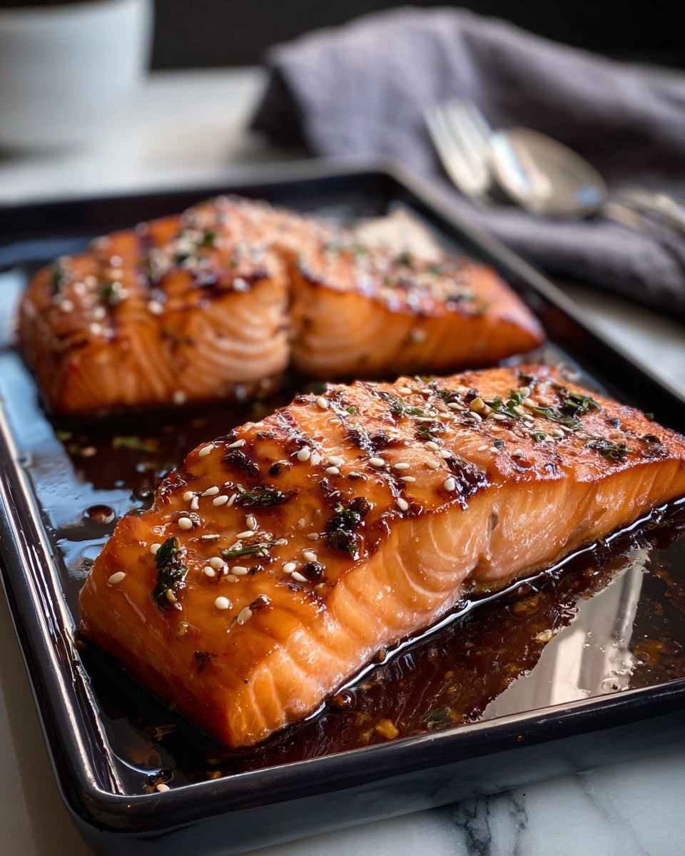 Two pieces of grilled salmon are placed on a shiny black rectangular plate, resting on a white marbled surface. Each salmon piece shows a rich orange-pink color with visible grill marks and a glossy glaze of sauce that pools slightly around them. The top layer of the salmon is sprinkled with small toasted sesame seeds, herbs, and specks of black pepper, adding texture and seasoning to the smooth flesh. The background is softly blurred, revealing a spoon and fork placed next to the plate and a grey cloth, enhancing the focus on the salmon. Photo taken with an iphone --ar 4:5 --v 7