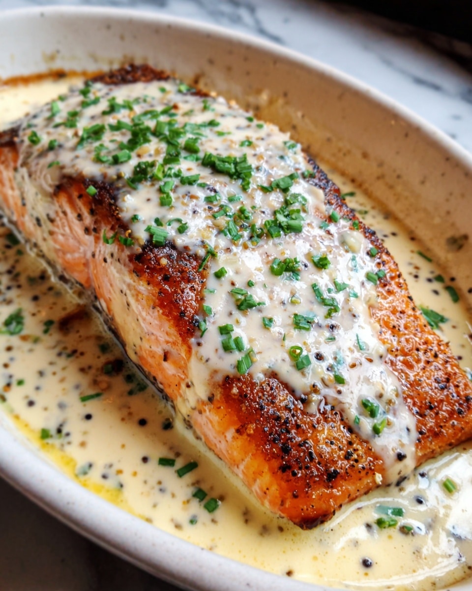 A single piece of cooked salmon fillet with golden brown, crisped skin is placed in a white oval dish. The salmon is topped with a creamy white sauce that covers almost the entire top surface, sprinkled with small green herb bits and black pepper flakes. The fish’s textured, orange-pink flesh is visible on the sides under the sauce. The creamy sauce looks smooth and thick, spreading slightly around the salmon on the bottom of the dish. The background is a white marbled surface. photo taken with an iphone --ar 4:5 --v 7