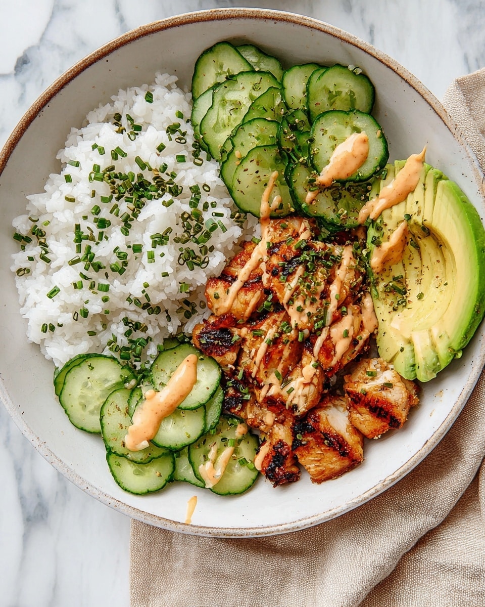 A white bowl contains four main layers: white steamed rice on the left side with sprinkled green chives and seasoning, thinly sliced cucumber rounds seasoned with herbs on the upper right side, sliced avocado fanned out on the far right, and grilled chicken pieces drizzled with a light orange creamy sauce in the lower middle. The bowl edges have a slight rustic texture, and the dish is placed on a white marbled surface with a beige cloth partially visible in the bottom right. Photo taken with an iphone --ar 4:5 --v 7