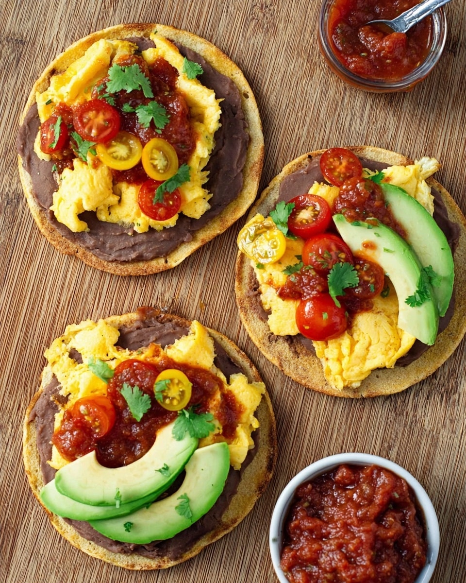 Three tostadas are arranged on a wooden surface, each topped with a layer of refried beans spread evenly over the crisp golden base. On top of the beans, there are scrambled eggs with a soft, fluffy texture, followed by fresh slices of avocado with a smooth, pale green color placed neatly on one side. Over the eggs and avocado, there is a spoonful of red salsa that shows chunks of tomatoes and other vegetables, garnished with small green cilantro leaves. Two tostadas have halved cherry tomatoes, one red and one yellow, adding a burst of bright color. A small white bowl filled with more chunky salsa sits near the tostadas. The scene is well lit with natural lighting, shot from directly above. photo taken with an iphone --ar 4:5 --v 7