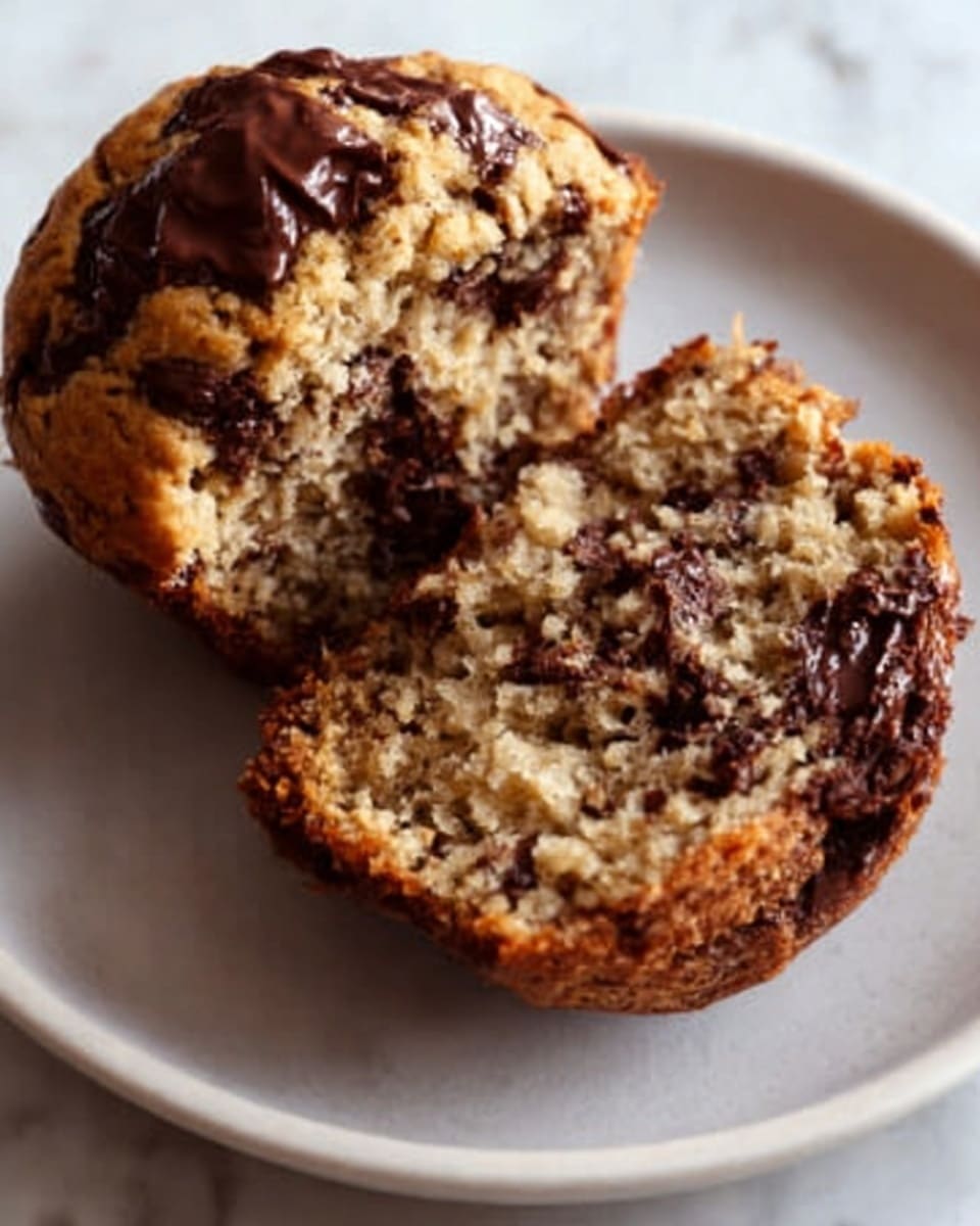 The image shows a close-up of a chocolate chip muffin that has been split in half, placed on a plain white plate. The muffin has a golden brown, slightly crumbly texture with visible dark chocolate chunks speckled throughout both halves. The top surface is slightly cracked with melted chocolate pieces making it look gooey and rich. The plate rests on a white marbled surface which adds a clean and soft background to the layout. Photo taken with an iphone --ar 4:5 --v 7