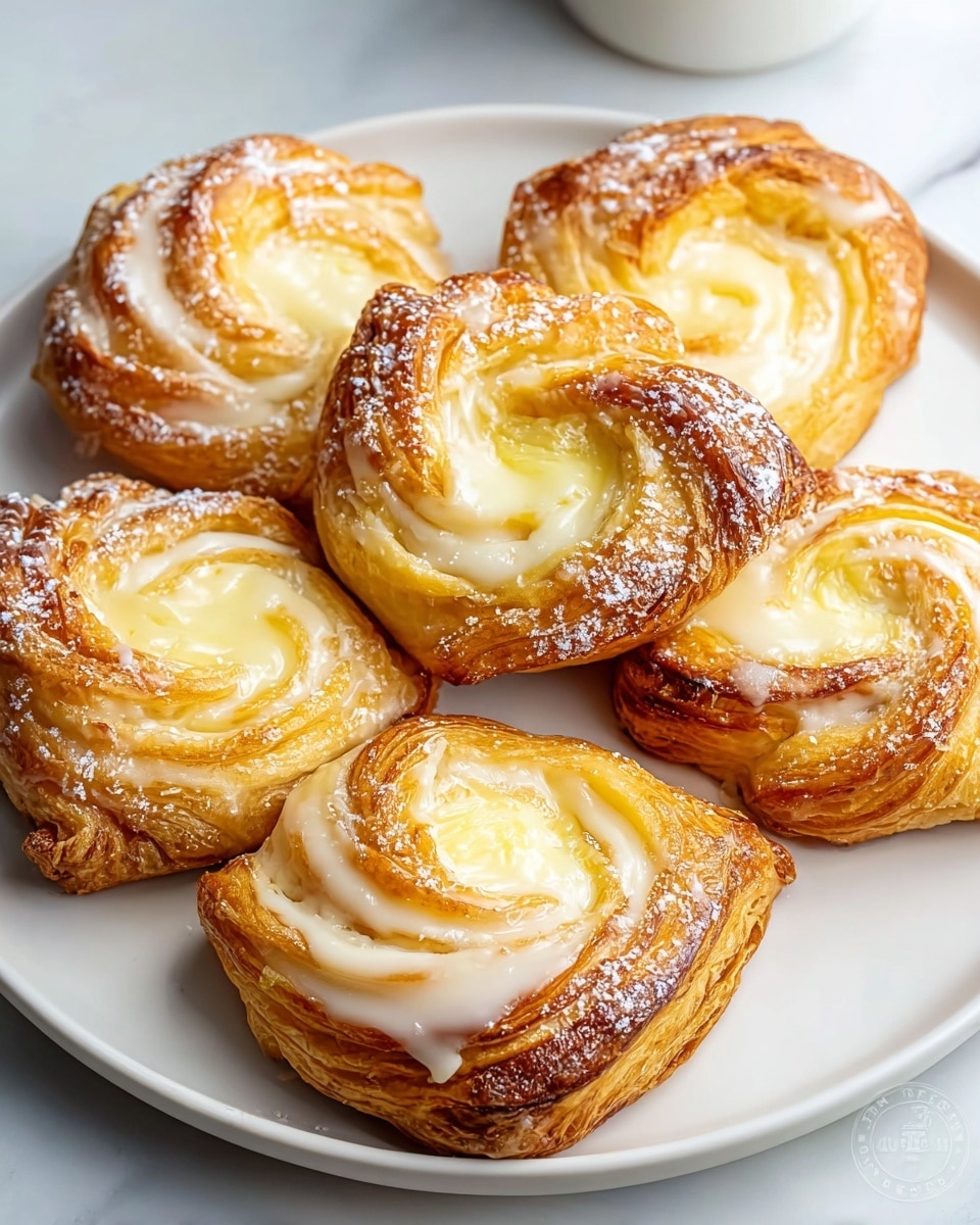 A white plate holds five golden-brown Danish pastries with visible flaky layers. Each pastry has a swirl shape with a creamy white layer in the middle, topped with a glossy glaze and a light dusting of powdered sugar. The pastries show a mix of light and dark golden tones, highlighting the crisp edges and soft, creamy filling inside. The plate is set on a white marbled surface, adding a clean and bright background to the warm-colored pastries. photo taken with an iphone --ar 4:5 --v 7
