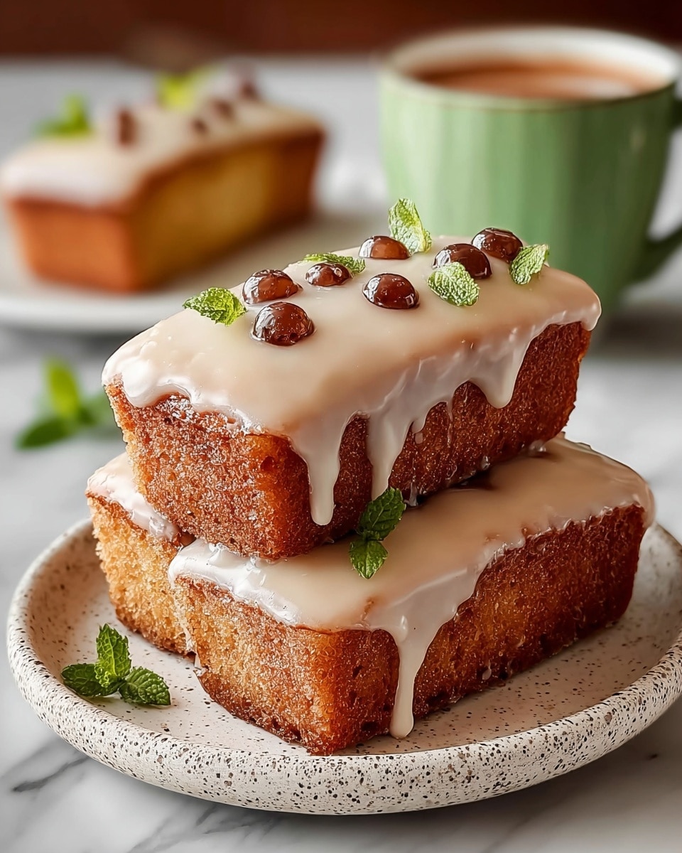 Three rectangular golden-brown cakes stacked on a white speckled plate with a rough texture; each cake is covered with a smooth, creamy white glaze that drips down the sides. The top cake is decorated with small round brown berries and tiny green mint leaves. In the background, there is a blurred white plate with another similar cake and a green cup filled with a brown drink, all set on a white marbled surface. Photo taken with an iphone --ar 4:5 --v 7