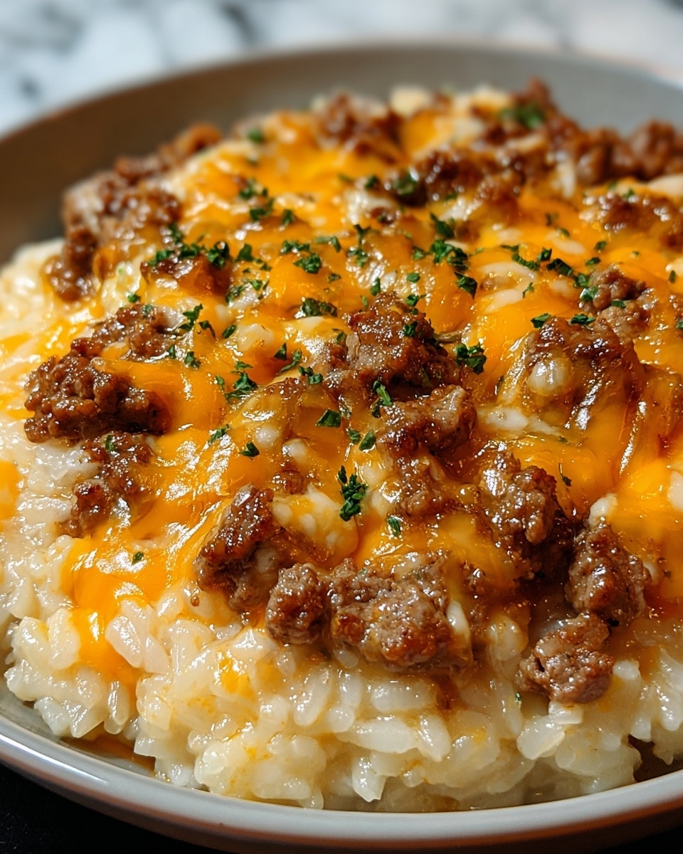 A close-up view of a dish showing three layers: the bottom layer is creamy, white risotto with visible rice grains, the middle layer is browned ground beef pieces cooked with a slight crisp on top, and the top layer is melted cheese with orange and white colors spread evenly. Small bits of green herbs are sprinkled on top, adding a fresh touch. The dish is presented in a white bowl on a white marbled surface, with a warm and cozy feel. photo taken with an iphone --ar 4:5 --v 7