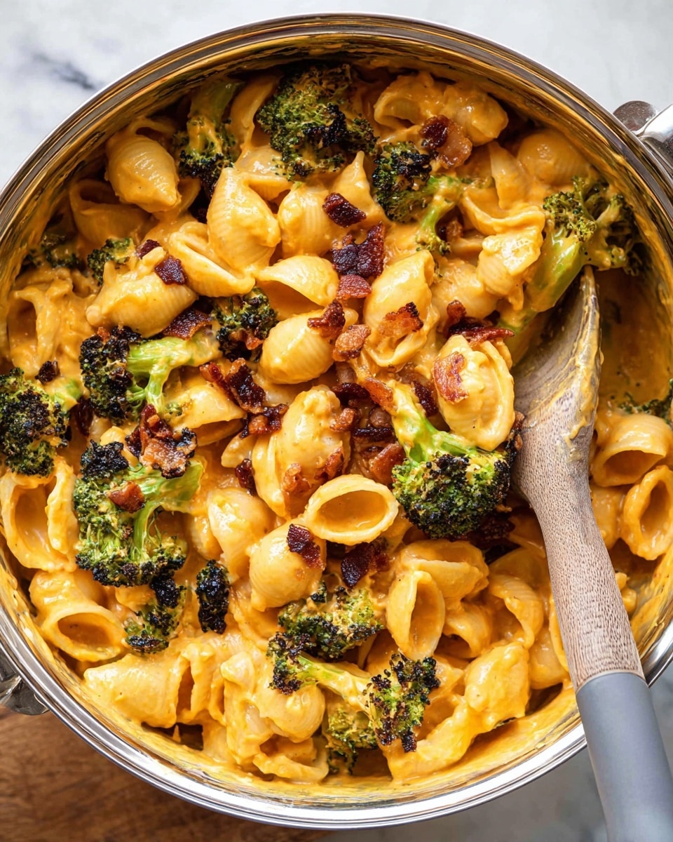The image shows a close-up of a pot filled with creamy orange cheese sauce coating small shell pasta. Mixed in the sauce are charred green broccoli florets and crispy small pieces of dark brown bacon scattered unevenly on top. A wooden spoon with a grey silicone head rests inside the pot, partly submerged in the pasta mix. The pot is silver with a shiny rim, and it sits on a white marbled surface. The texture looks rich and smooth, with the pasta shells and broccoli adding varied shapes and colors throughout. photo taken with an iphone --ar 4:5 --v 7