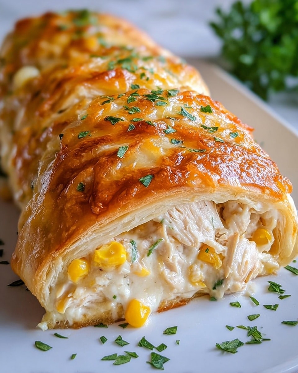 The image shows a close-up of two pieces of a baked dish on a white plate, with the front piece cut to reveal the inside. The outer layer is a golden-brown, melted cheese crust, slightly bubbly and shiny, with chopped green herbs sprinkled on top. Inside, there are two visible layers: the top layer is shredded white chicken mixed with small yellow corn kernels, and beneath it is a creamy white sauce that glistens. The dish rests on a white marbled surface with scattered green herbs around it. Photo taken with an iphone --ar 4:5 --v 7
