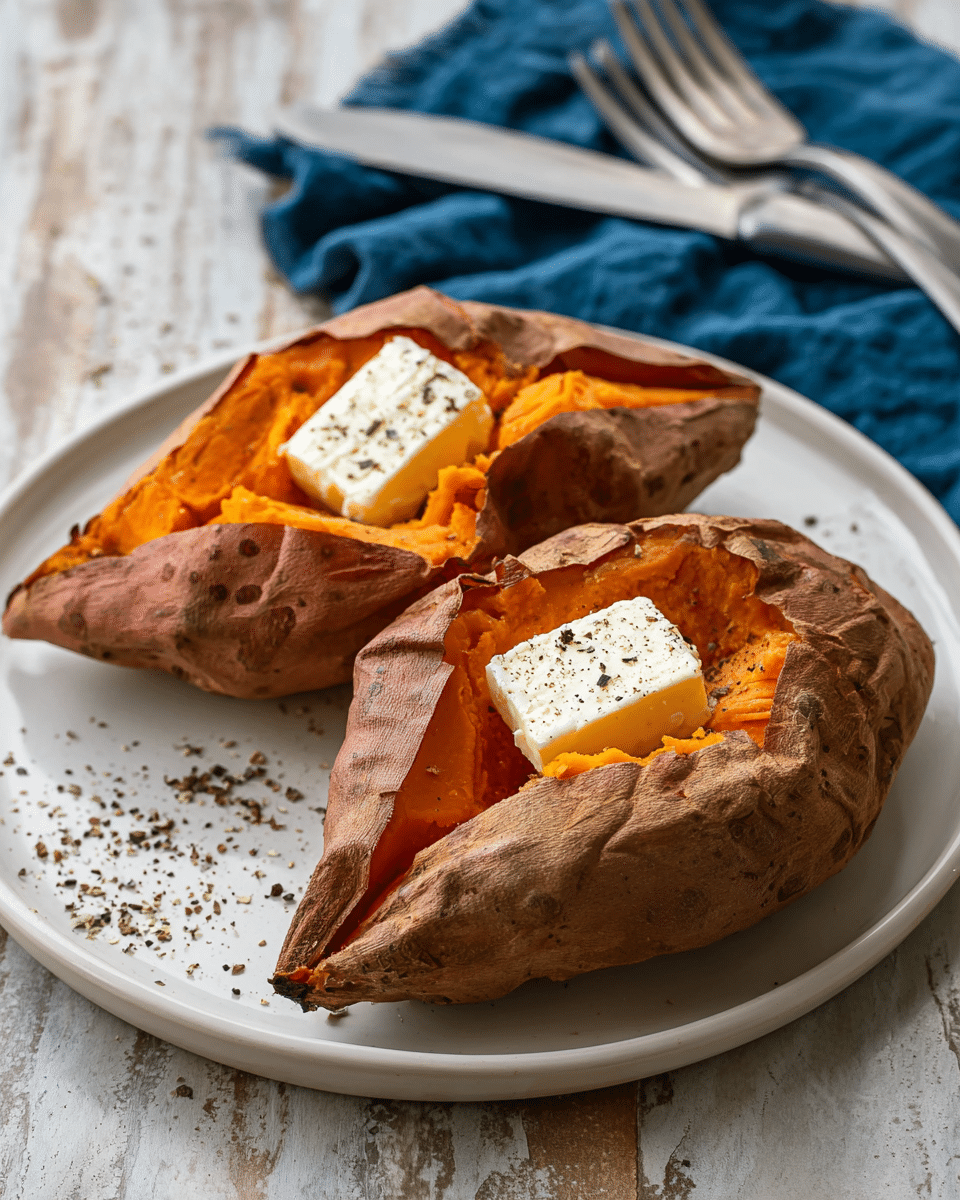 Two baked sweet potatoes sit on a round white plate on a white marbled texture. Each sweet potato is cut open on top, showing soft, bright orange flesh inside. On the orange flesh, there is a square piece of butter sprinkled with black pepper. The skin of the sweet potatoes is rough and brownish with some cracks. Black pepper is also scattered around the plate. A blue cloth napkin and silver knife and fork are blurred in the background. photo taken with an iphone --ar 4:5 --v 7