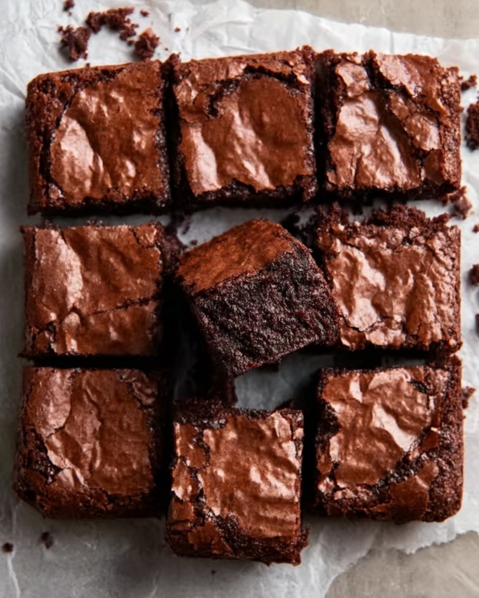 A freshly baked batch of brownies is shown on white parchment paper, cut into nine square pieces with slightly cracked, shiny, and textured tops. Each brownie has a rich, dark brown color with a moist and dense interior visible in the piece missing from the middle row. Crumbs are scattered around the edges, enhancing the homemade feel. The entire setup rests on a white marbled texture background. Photo taken with an iphone --ar 4:5 --v 7