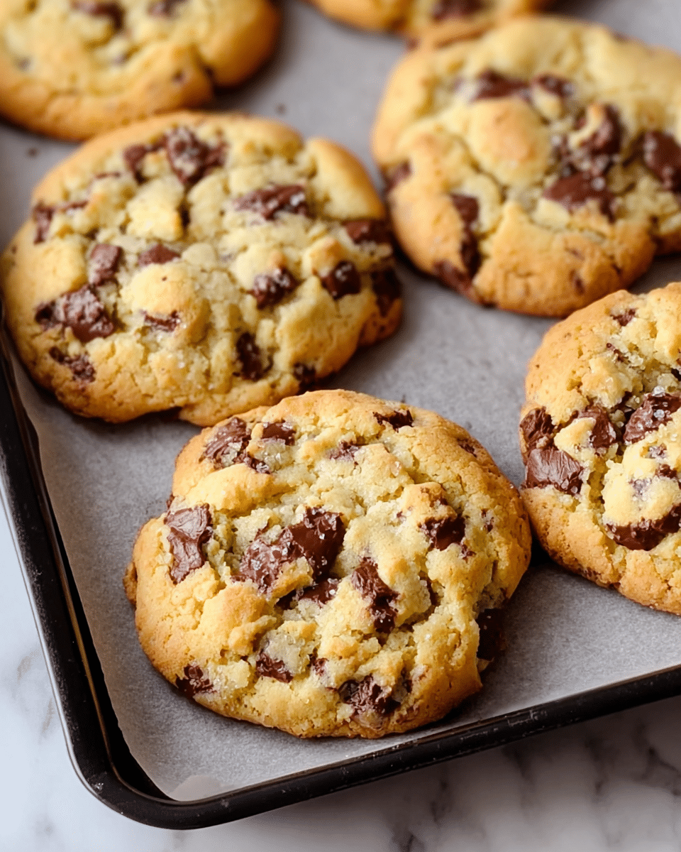 The image shows several thick chocolate chip cookies on a black baking tray lined with parchment paper, placed over a white marbled surface. Each cookie is round with an uneven, chunky texture, featuring many dark brown chocolate chunks mixed throughout a golden-brown base. The cookies have a slightly cracked surface, with the edges being more golden and the center softer and lighter in color. The cookies are closely placed but not touching, forming a neat row with one cookie in the front clearly in focus and the others fading slightly behind it. Photo taken with an iphone --ar 4:5 --v 7
