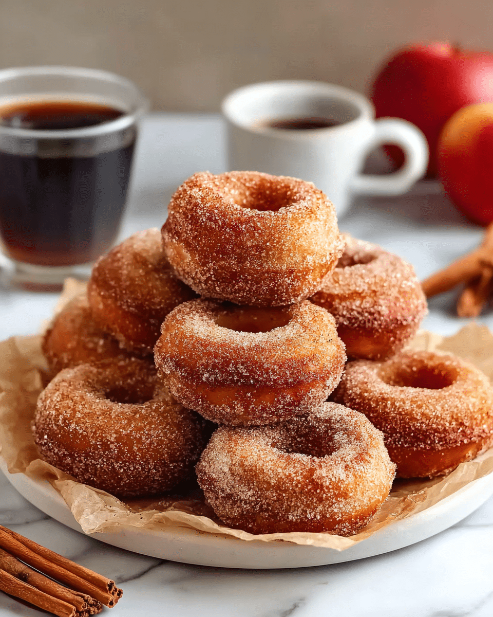 A white plate holds a stack of eight cinnamon sugar donuts arranged in a loose pyramid on crumpled light brown parchment paper. Each donut is golden brown with a slightly rough texture covered in a sparkling layer of sugar crystals mixed with cinnamon, giving them a dusty, warm color. The donuts have a soft, fluffy appearance with visible creases and round centers. Behind the plate, there is a white cup filled with dark coffee and a clear glass cup with a dark beverage, both placed on a smooth white marbled surface. Two cinnamon sticks and a blurred red apple are also visible in the background. photo taken with an iphone --ar 4:5 --v 7