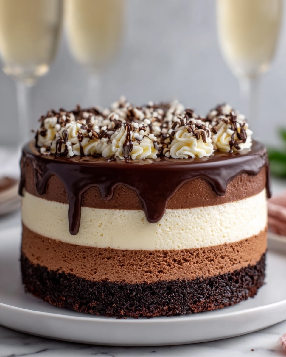 The image shows a three-layered chocolate mousse cake on a white plate, placed on a white marbled surface. The bottom layer is dark chocolate cake with a rough texture, the middle layer is milk chocolate mousse with a smooth, creamy texture, and the top layer is white chocolate mousse, also smooth and creamy. On top of the cake, there is a shiny dark chocolate ganache dripping slightly down the sides, decorated with white and dark chocolate curls. The background is softly blurred with two tall glasses in soft focus. Photo taken with an iphone --ar 4:5 --v 7