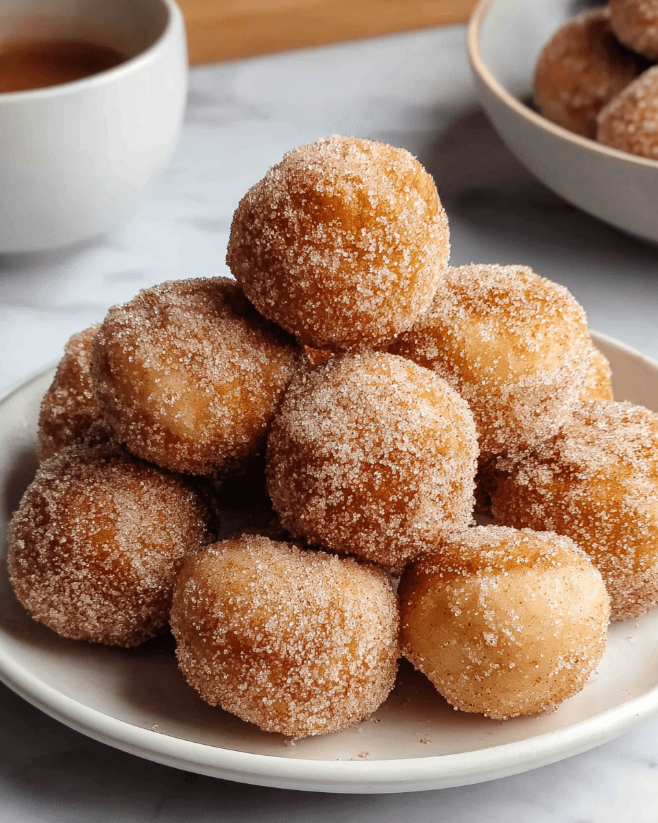 A white plate filled with a pile of round dough balls coated in a layer of cinnamon sugar, with a golden brown color peeking through under the sugary coating. The dough balls have a slightly rough texture from the sugar and cinnamon mixture covering each one evenly, stacked to form a small mound. The background shows another bowl and a white marbled surface beneath the plate. Photo taken with an iphone --ar 4:5 --v 7