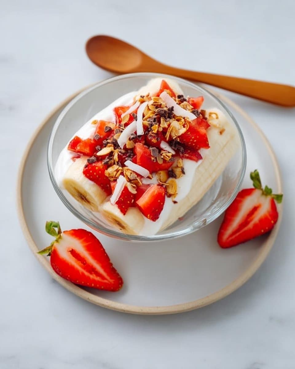 The image shows a clear glass bowl placed inside a slightly larger white plate on a white marbled surface. Inside the bowl, there is a dessert with three main layers: the bottom layer is white banana halves lying side by side, the middle layer is white creamy yogurt spread over the bananas, while the top layer is decorated with bright red chopped strawberries, brown toasted coconut flakes, and small dark cacao nibs. Two half strawberries with green tops are placed on the right side of the bowl. A wooden spoon lies on the plate above the bowl. photo taken with an iphone --ar 4:5 --v 7