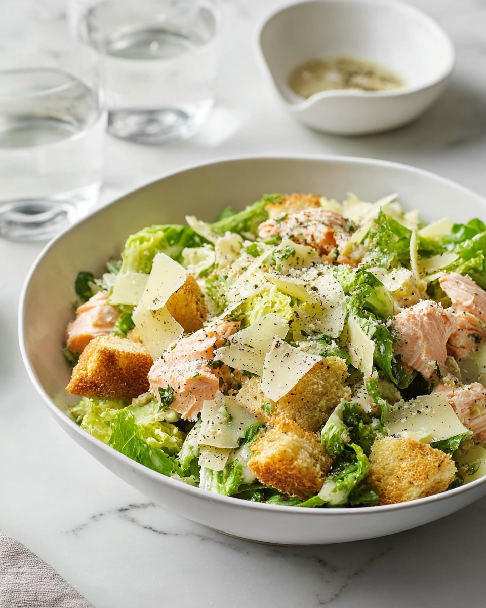 A white bowl filled with a fresh mixed salad having four visible layers: the bottom layer is bright green leafy lettuce with a fresh, crunchy texture; on top are chunks of cooked salmon in light pink-orange color with a tender look; scattered golden-brown croutons form the next layer with rough, crispy texture; the top layer is sprinkled with pale yellow thin cheese shavings and green herbs, adding color and texture contrast. The bowl is placed on a white marbled surface, with a clear glass of water and another white bowl faintly visible in the background. photo taken with an iphone --ar 4:5 --v 7
