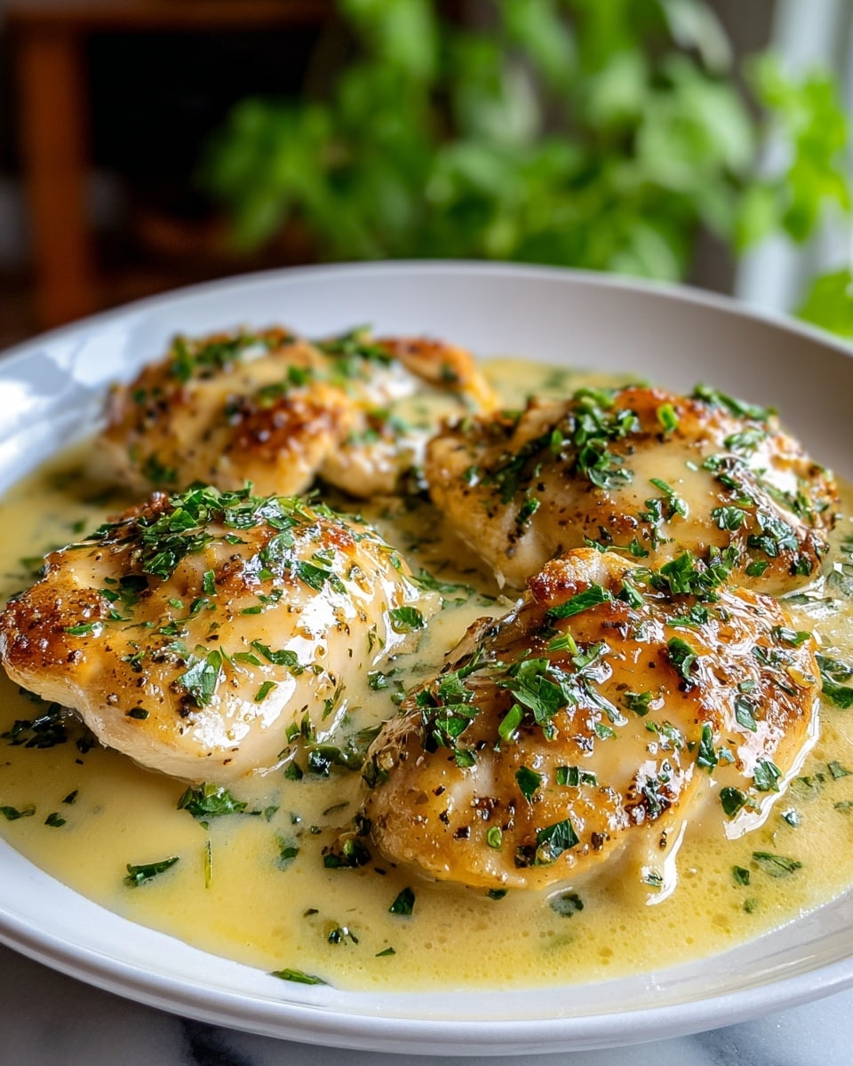 The image shows a white plate with four pieces of cooked chicken breasts arranged close together, each piece lightly browned with a slightly crispy texture on top and covered with creamy yellow sauce. The chicken is garnished with finely chopped green herbs, scattered evenly over the surface. The sauce pools around the chicken on the plate, creating a smooth, glossy layer beneath the pieces. The background is softly blurred with a green plant visible, and the plate sits on a white marbled surface. photo taken with an iphone --ar 4:5 --v 7
