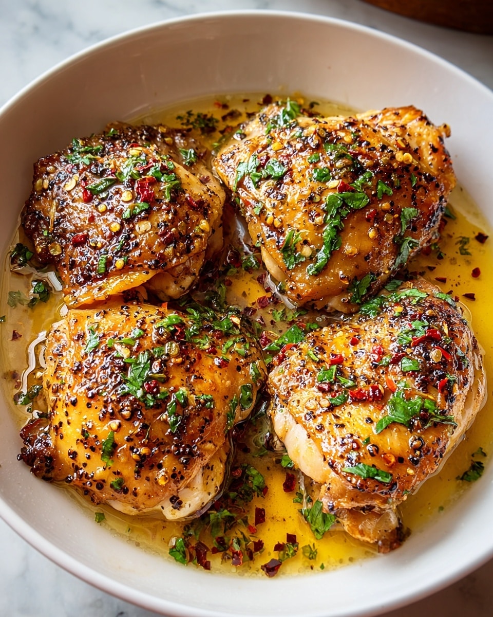 A white bowl holds four pieces of cooked chicken thighs with crispy, golden brown skin, speckled with black pepper and red pepper flakes. The chicken is covered with a shiny, thick sauce that looks like butter or oil, pooling gently around the pieces. Fresh green herbs, likely chopped parsley, are sprinkled generously on the chicken and in the sauce, adding a touch of bright green. The chicken pieces have a slightly rough texture with visible seasoning, and the sauce reflects light, making the dish look rich and moist. The whole bowl sits on a white marbled surface. photo taken with an iphone --ar 4:5 --v 7
