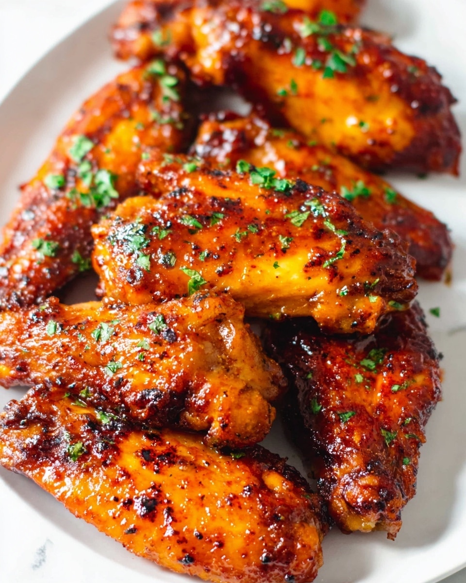 The image shows a close-up of six chicken wings arranged closely on a white plate, sitting on a white marbled surface. Each wing has a shiny, deep orange glaze with darker brown, crispy edges from grilling, sprinkled with small bits of green herbs for contrast. The texture looks slightly sticky and saucy with specks of black seasoning visible on the crispy skin. The wings fill most of the plate, and the lighting highlights their glossy, rich color and the fresh green garnish scattered on top. photo taken with an iphone --ar 4:5 --v 7