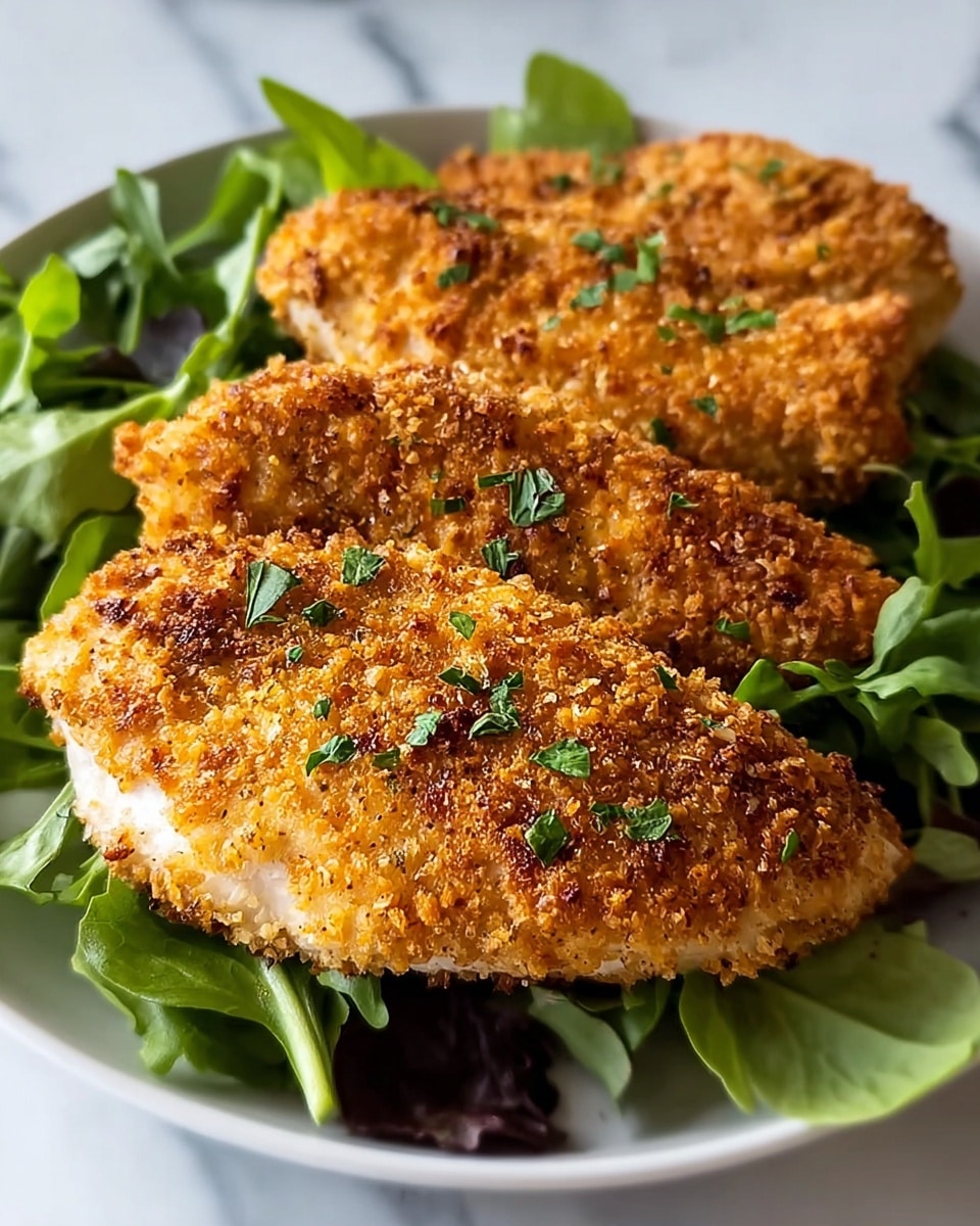 The image shows a close-up of three pieces of golden-brown breaded chicken breasts arranged on a white plate. The chicken has a crunchy texture with small green herb bits sprinkled on top. The pieces are placed on a bed of fresh green leafy vegetables, adding a contrast of vibrant green to the warm brown tones of the chicken. The white plate rests on a white marbled surface, giving a clean and fresh look to the presentation. Photo taken with an iphone --ar 4:5 --v 7