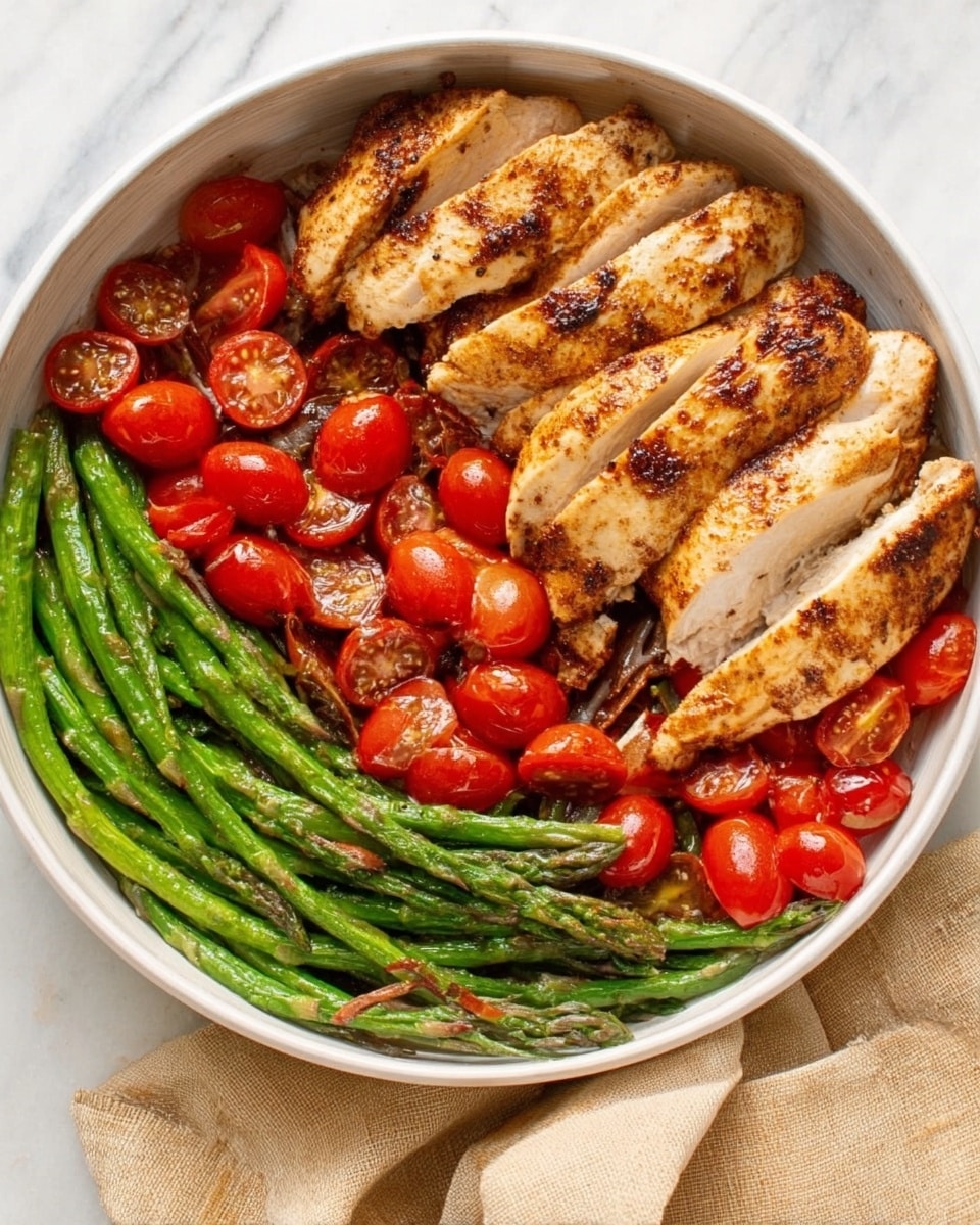 The image shows a white bowl filled with three main layers: on the bottom, bright green asparagus stalks arranged neatly, topped with halved red cherry tomatoes scattered over them; on top, five grilled chicken breast pieces with a golden brown, slightly charred surface placed diagonally across the bowl. The white marbled table is visible beneath the bowl, and a beige cloth napkin lies at the bottom right corner. photo taken with an iphone --ar 4:5 --v 7