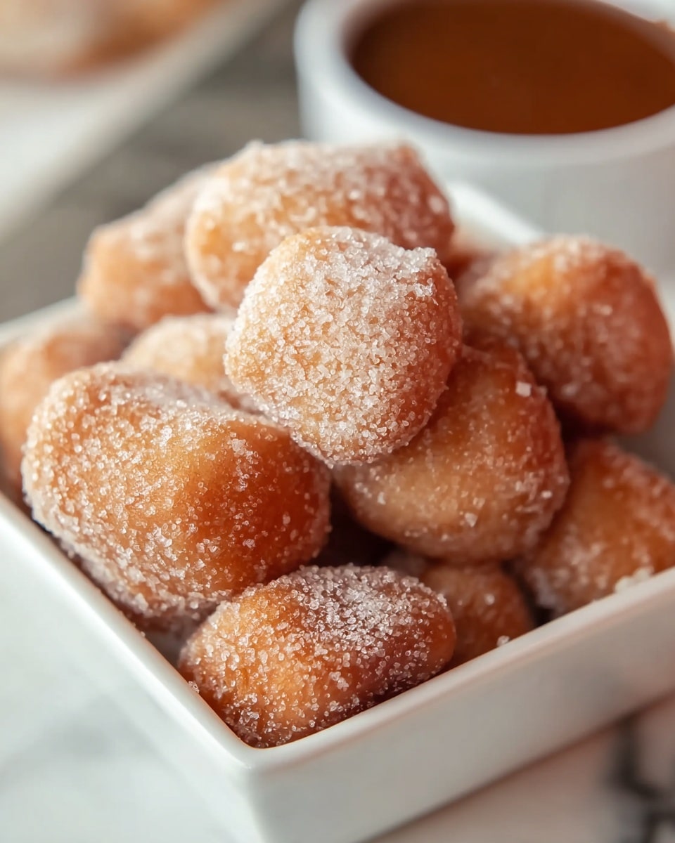 A close-up image of several small, golden-brown doughnut holes covered in a layer of white sugar crystals, piled together in a white square dish. Each doughnut hole shows a slightly rough texture from the sugar coating, with a soft, fried surface underneath. In the background, there is a glimpse of a small glass container with dark brown dipping sauce. The entire setting is on a white marbled surface, giving a clean and bright look. photo taken with an iphone --ar 4:5 --v 7