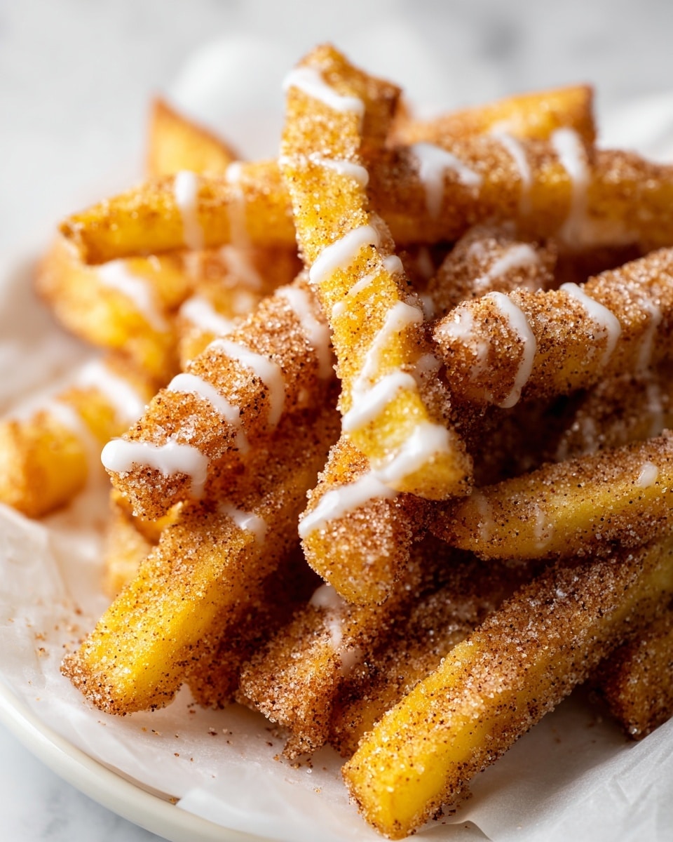 A close-up view of many golden-yellow churro fries stacked in a pile on white parchment paper atop a white plate, each fry covered evenly with a grainy, light brown cinnamon sugar coating that gives a textured, slightly rough appearance. Thin, glossy white icing is drizzled over the fries in narrow stripes, adding contrast and a smooth, shiny texture on top. The churro fries have a ridged shape with fine lines along their length, and the scene is set on a white marbled background that softly reflects light. photo taken with an iphone --ar 4:5 --v 7