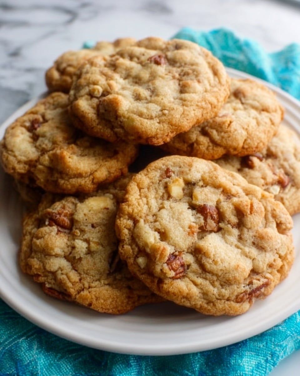 A white plate with a raised pattern holds a stack of six soft, round cookies. Each cookie has a light golden-brown color with a rough texture, showing small chunks of pecans spread evenly throughout. The cookies look thick and slightly cracked on top, giving a homemade feel. The plate sits on a white marbled surface with a hint of a blue cloth under one side. Photo taken with an iphone --ar 4:5 --v 7