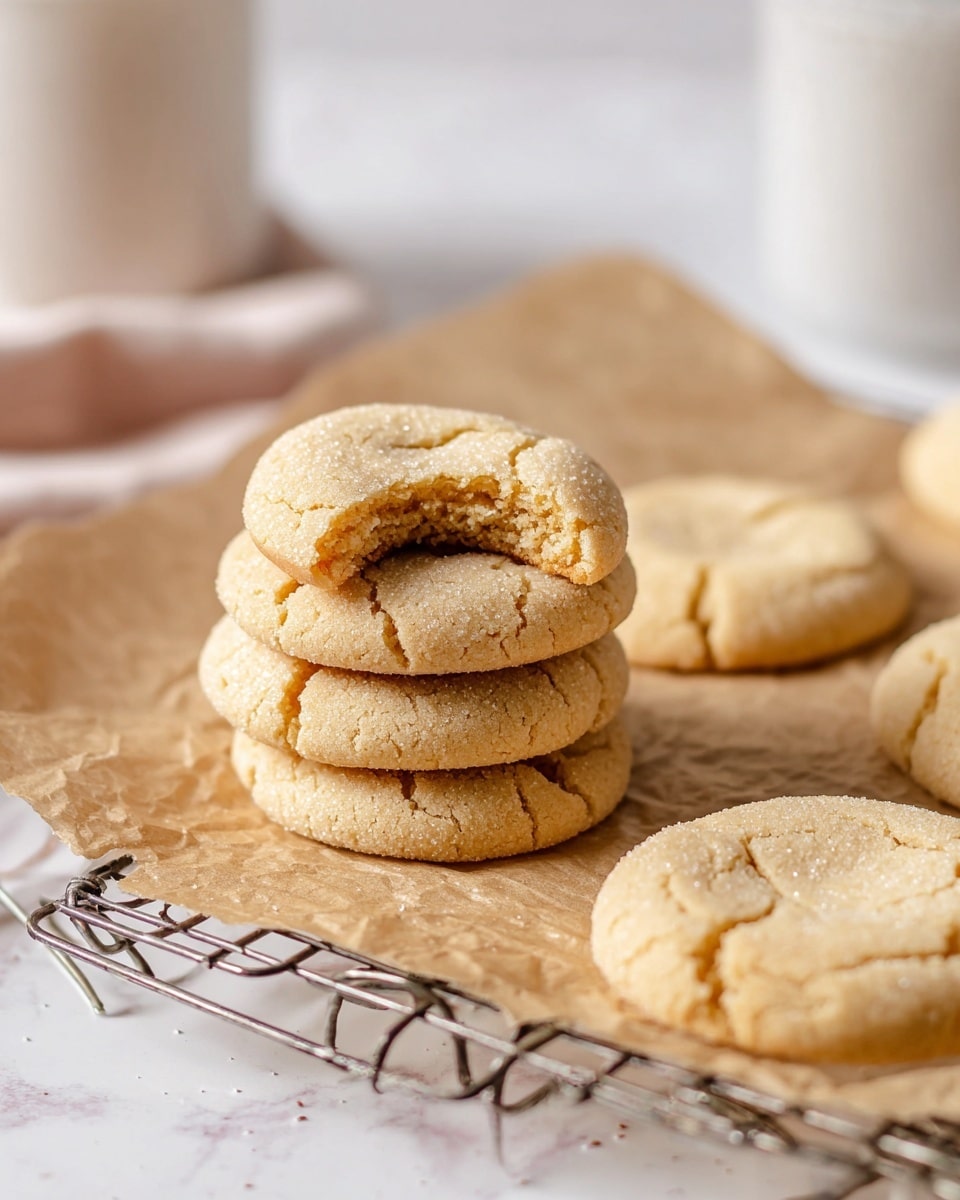 The image shows soft, pale golden brown sugar cookies with a cracked surface texture, arranged on a small metal cooling rack placed on crumpled brown parchment paper. Four cookies are visible: three are stacked close together on the rack, one of which has a bite taken out of it, and another two cookies are blurred in the background on a white marbled surface. The cookies have a slightly sugar-coated look, with a soft, tender texture. A white cup is partly visible in the background, adding a casual touch. Photo taken with an iphone --ar 4:5 --v 7