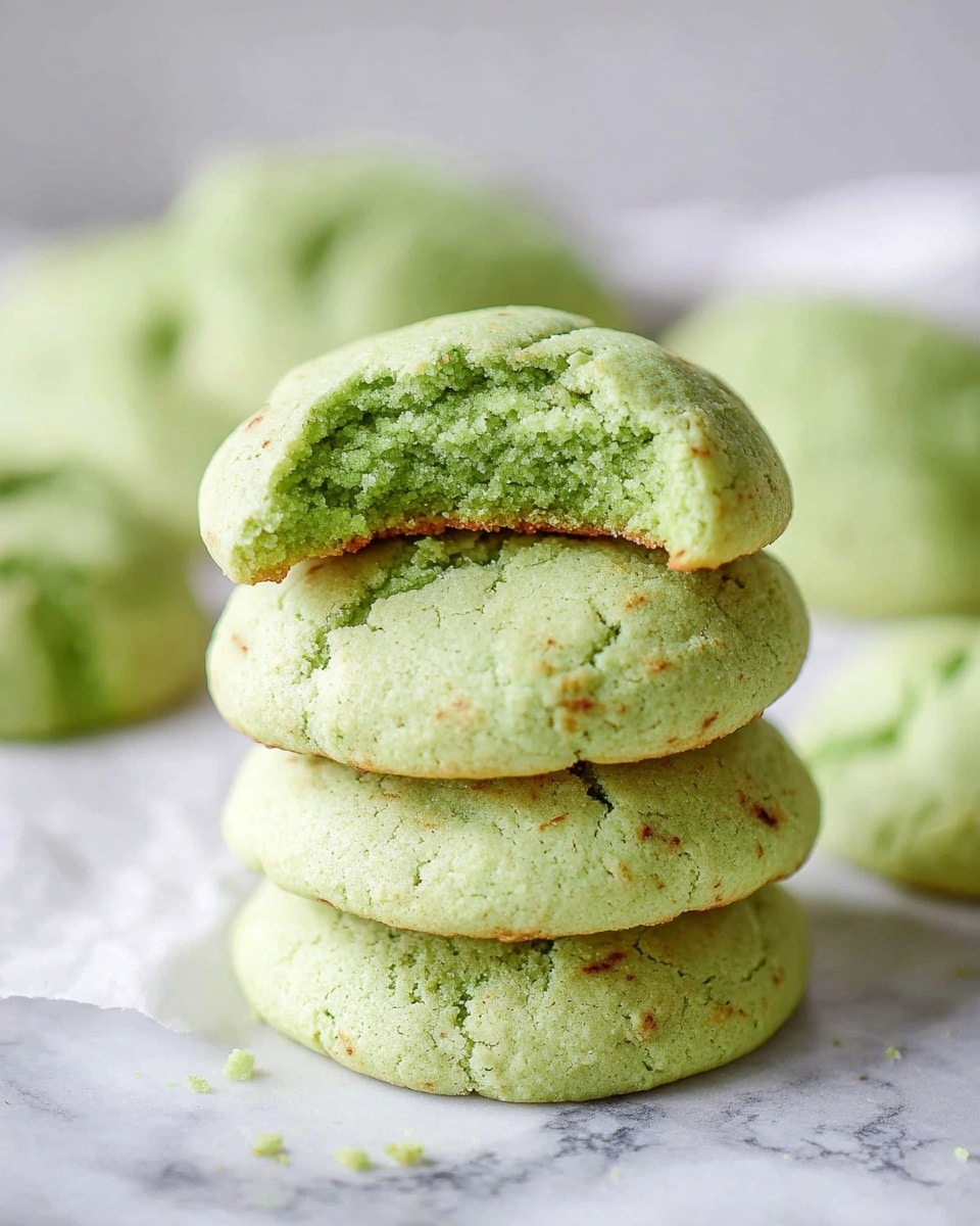 A stack of four soft, round light green cookies with a smooth, slightly cracked surface sits in the center, with the top cookie having a bite taken out showing a crumbly, moist interior. Around the stack, more of the same light green cookies spread out, resting on a white marbled texture. The overall look is soft and fluffy with a pastel green color and a few tiny darker specs on the cookies’ surface. photo taken with an iphone --ar 4:5 --v 7