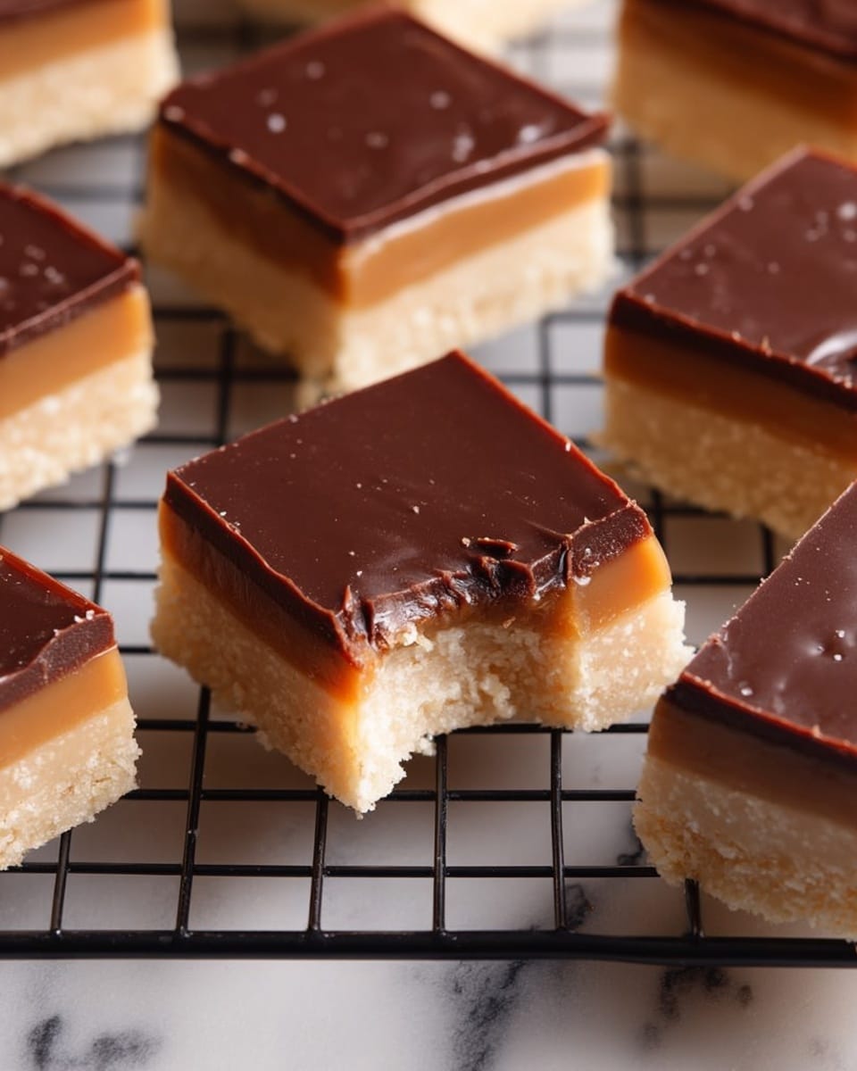 The image shows square dessert bars on a black wire cooling rack placed on a white marbled surface. Each bar has three clear layers: a bottom layer that is pale beige and crumbly, a middle layer that is light brown and smooth, and a top layer that is dark brown and glossy with a chocolate-like texture. The front bar has a bite taken out of one corner, revealing all three layers clearly. The bars are evenly spaced and the focus is sharp on the front bar, with the background bars slightly blurred. Photo taken with an iphone --ar 4:5 --v 7