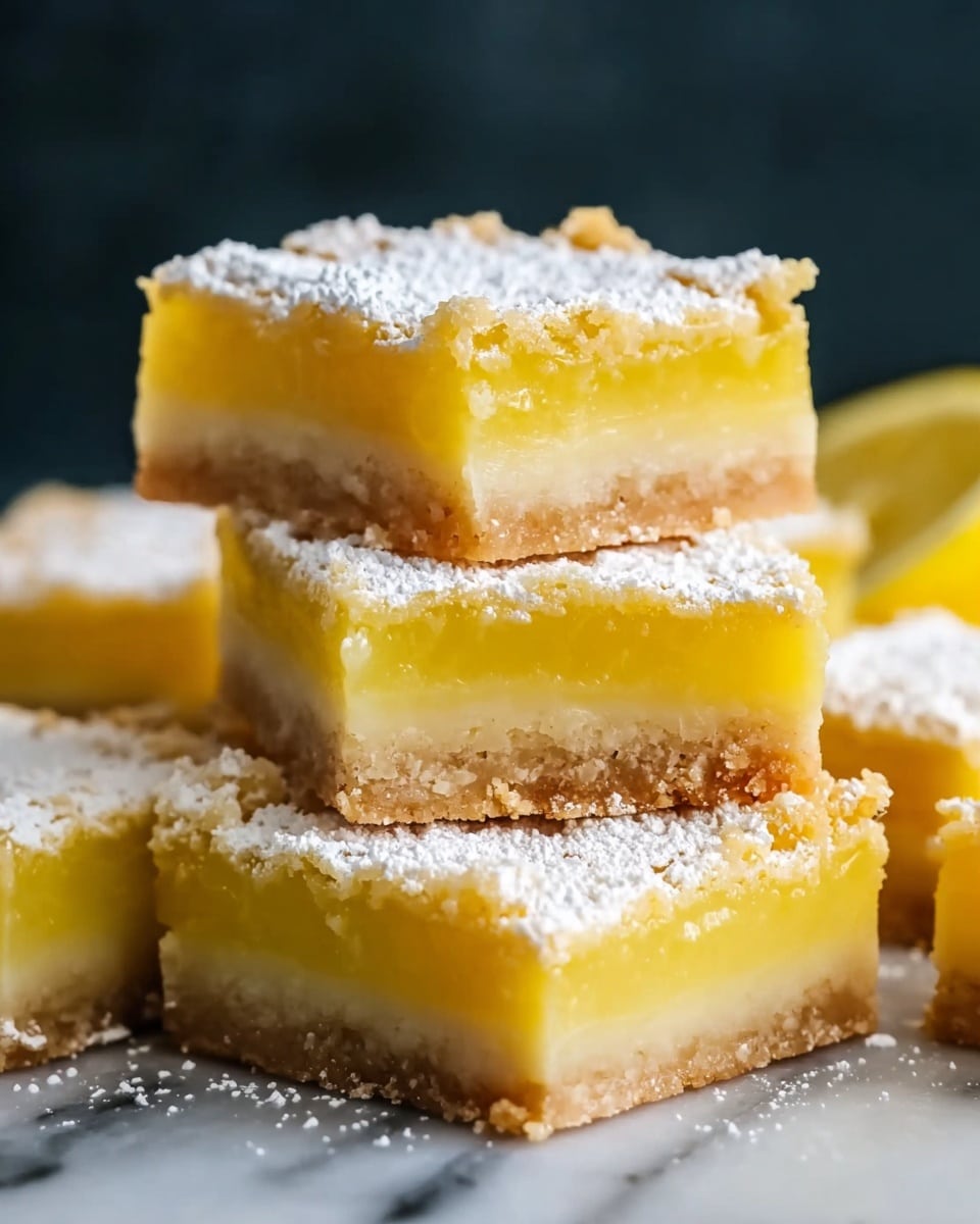 A stack of lemon bars is shown with several square pieces piled on top of each other. Each lemon bar has three visible layers: a light brown crumbly crust at the bottom, a thick smooth bright yellow lemon filling in the middle, and a dusting of white powdered sugar on top that adds a soft texture. The bars have slightly rough edges and a moist, shiny filling that contrasts with the dry crust. The background is dark, and the bars are placed on a white marbled texture surface. photo taken with an iphone --ar 4:5 --v 7