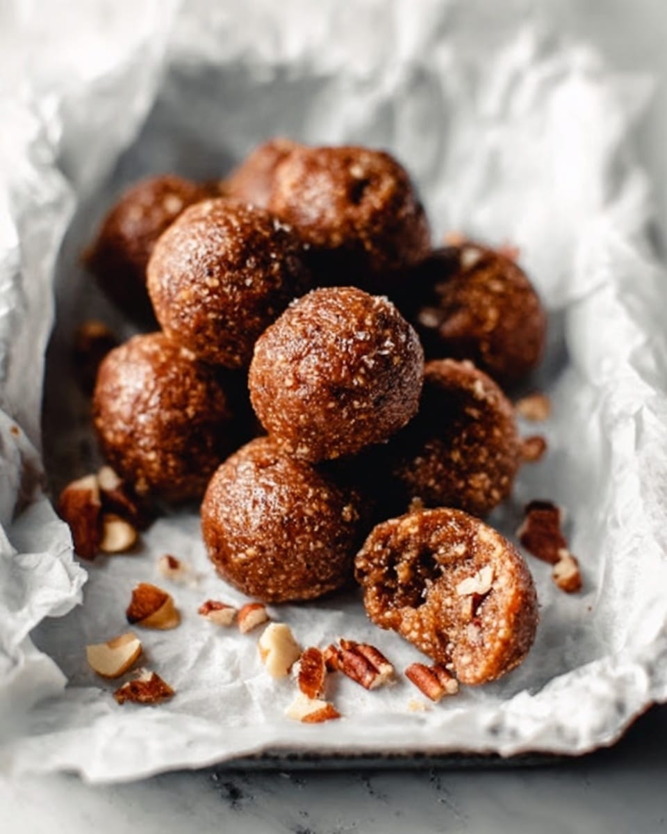 The image shows a pile of round brown treats that look soft and chewy. Each ball is dark brown with small bits of nuts mixed inside, showing a rough texture. One ball is broken open on top, revealing a dense, slightly sticky inside. They sit on white crumpled paper that lines a long white tray with soft shadows around. The background is a white marbled surface with gentle lighting that highlights the glossy sheen on the treats. Photo taken with an iphone --ar 4:5 --v 7