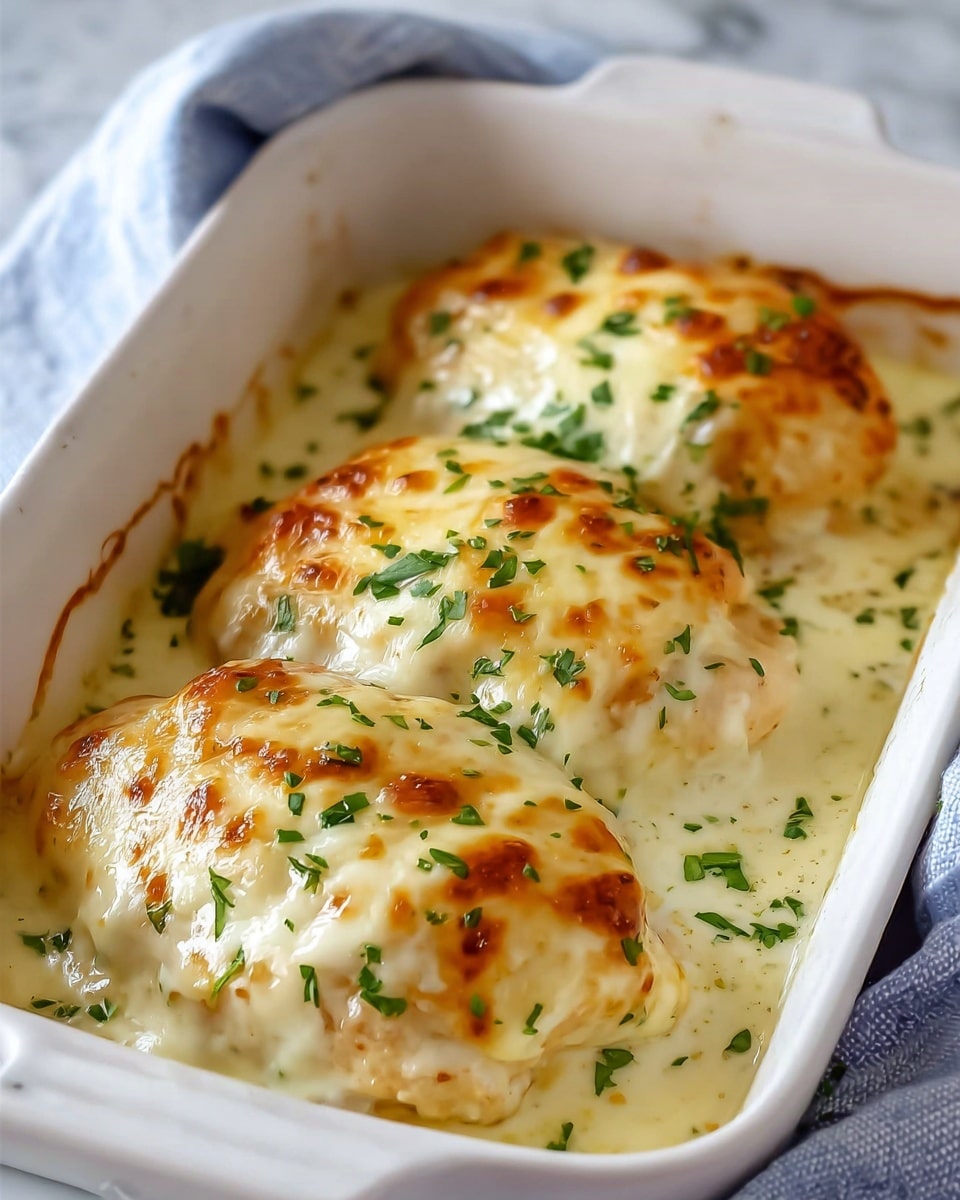 A white rectangular baking dish holds three large chicken breasts covered in a thick, creamy white cheese sauce that has a golden-brown, bubbly top layer from broiling. The chicken pieces are placed close together, with some green chopped herbs sprinkled evenly over the cheese, adding a touch of green contrast. The sauce pools slightly around the chicken, showing a smooth texture beneath the browned cheese crust. The dish is placed on a white marbled surface with a cloth partially visible on one side. photo taken with an iphone --ar 4:5 --v 7
