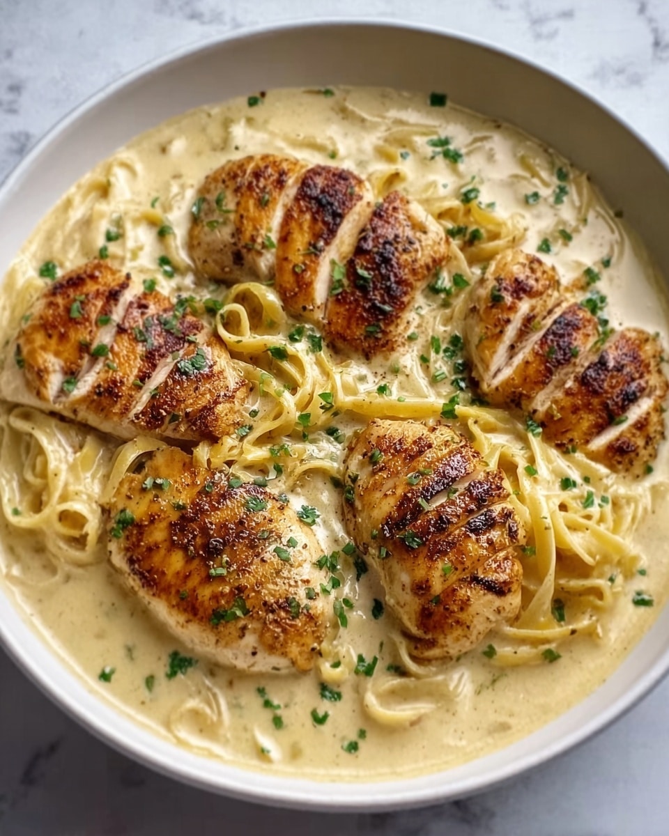 A white bowl filled with creamy pasta topped with five pieces of grilled chicken breast, each piece lightly browned with some darker grill marks and sprinkled with chopped green herbs. The pasta is coated in a smooth, pale cream sauce, swirling gently underneath the chicken, with some small bits of seasoning scattered on top. The background is a white marbled surface. Photo taken with an iphone --ar 4:5 --v 7