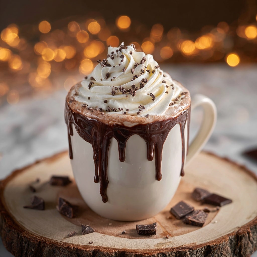 A white mug filled with hot chocolate topped with a thick swirl of white whipped cream sprinkled with small chocolate shavings, with steam rising above it. Dark chocolate drips down the side of the mug creating a glossy streak. The mug sits on a round wood slice with small chocolate pieces scattered around. The background features blurry warm orange lights and a white marbled surface underneath. photo taken with an iphone --ar 4:5 --v 7