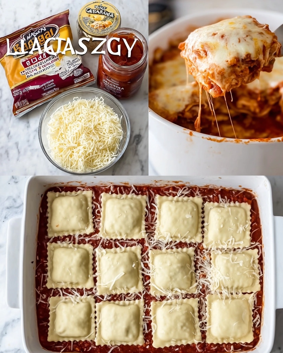 The image shows a white rectangular dish filled with layers of food. The bottom layer is a smooth red sauce with some shredded mozzarella cheese sprinkled on top. On this sits a neat grid of small square ravioli, arranged in five rows and four columns, their pale cream color contrasting with the red sauce beneath. Next to the dish, there is a white bowl heaped with shredded mozzarella cheese, a packet of cheese ravioli, and a jar of marinara sauce. Above this is a close-up of a white round baking dish filled with baked lasagna, with a serving spoon lifting a cheesy, golden-brown portion showing melted, stretchy cheese and sauce layers. The scene is set on a white marbled surface. photo taken with an iphone --ar 4:5 --v 7