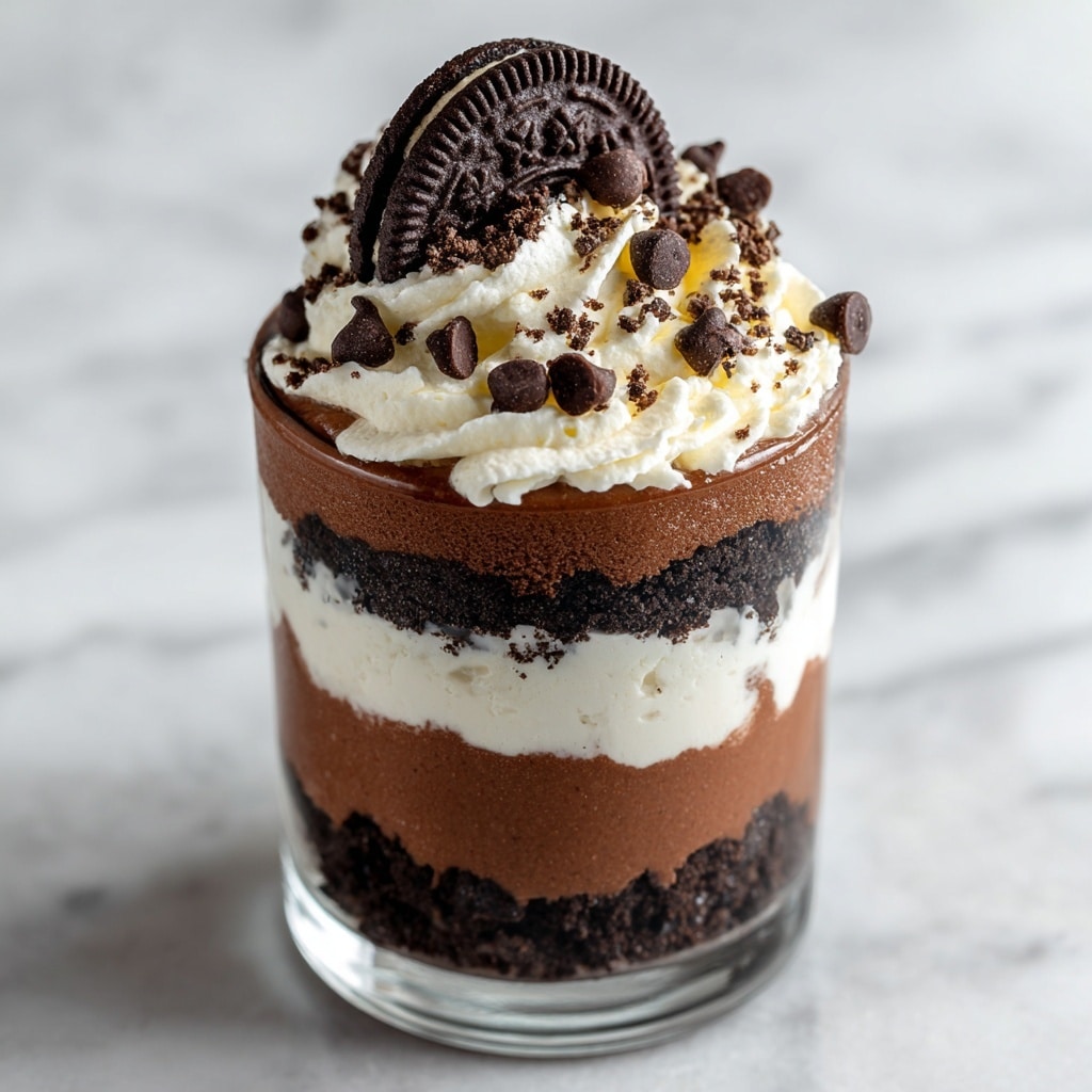 A clear glass holds a layered cookies and cream parfait with six visible layers. Starting from the bottom, the first layer is a smooth, dark chocolate pudding followed by a crushed cookie layer in black and dark brown. Above that is a creamy white layer mixed with tiny black cookie crumbs. Then comes another thick layer of dark chocolate pudding, topped by the white creamy layer with cookie bits again. On top is a smooth layer of chocolate pudding with scattered small chocolate chips. The parfait is finished with a swirl of white whipped cream speckled with cookie crumbs and garnished with a whole chocolate sandwich cookie sticking out at the back. The glass is placed on a white marbled surface. Photo taken with an iphone --ar 4:5 --v 7
