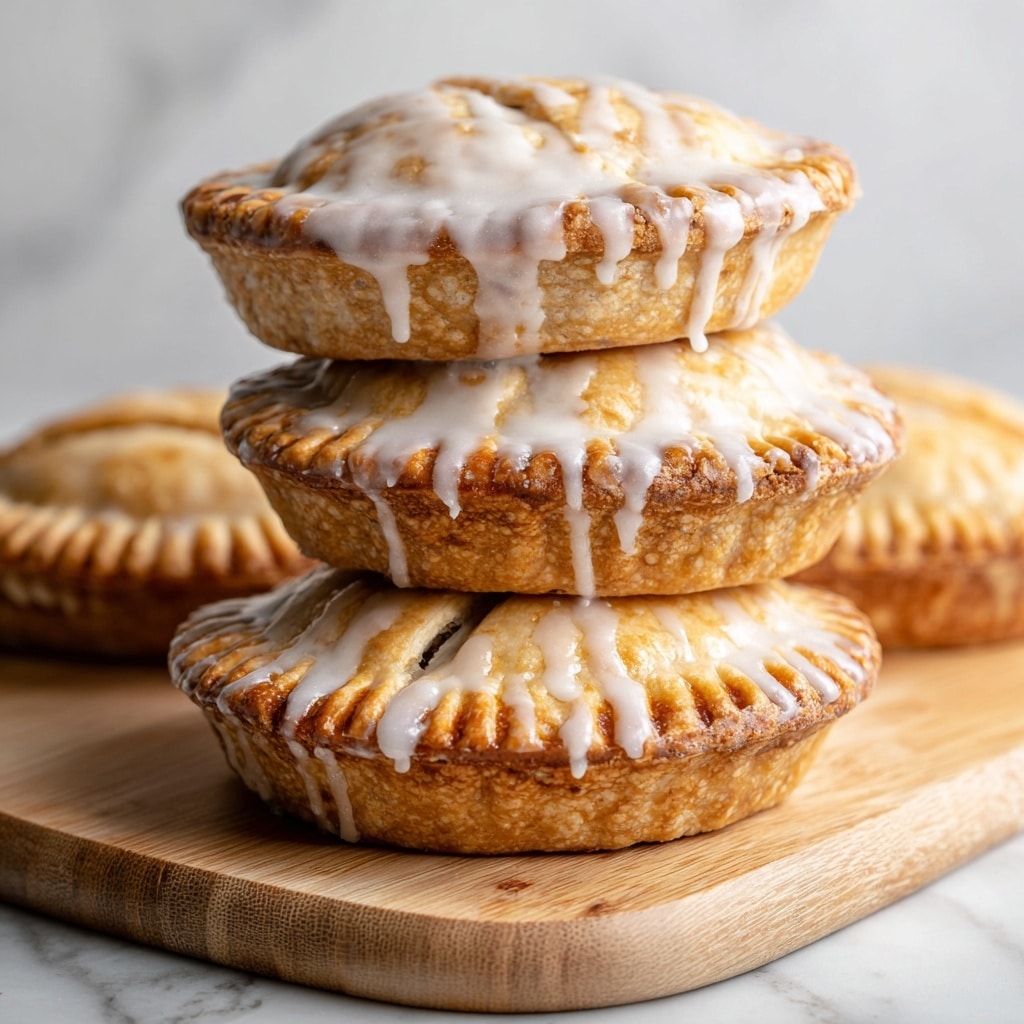 The image shows three small round pies placed closely on a wooden tray with a white marbled surface underneath. Each pie has a golden-brown crust with a crimped edge, and the top crust is shiny with a slight glaze. On top of each pie, there is a thin layer of white icing drizzled in a zigzag pattern, creating a smooth contrast against the warm brown crust. The pies are layered simply with the crust on both top and bottom, and the filling is hidden inside. The photo is clear and bright, giving a fresh and appetizing look. photo taken with an iphone --ar 4:5 --v 7
