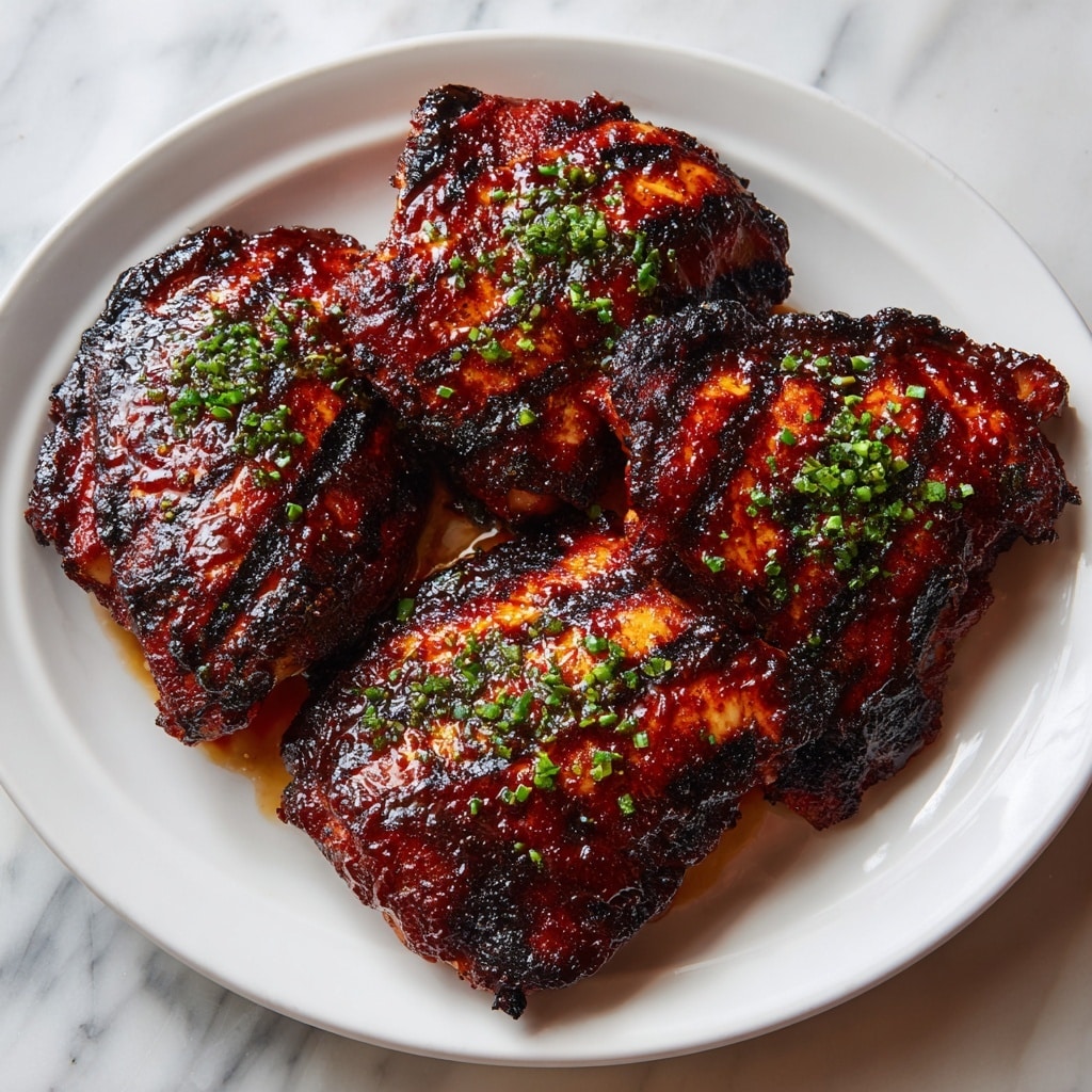 A white plate holds five pieces of grilled chicken covered in a dark, sticky sauce with a shiny texture, sprinkled with finely chopped green herbs. The chicken pieces have a charred look with crispy edges and a mix of rich brown and black colors. The plate sits on a white marbled surface with part of a white container and a kitchen appliance blurred in the background. A woman's hand is near the top left edge of the plate. Photo taken with an iphone --ar 4:5 --v 7