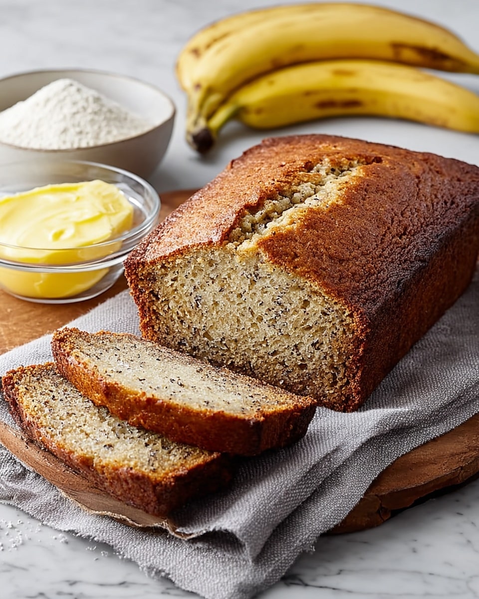 A loaf of banana bread sits on a wooden board placed over a gray cloth on a white marbled surface. The bread has a golden-brown crust with a slightly cracked, textured top and a moist, speckled interior. Two slices are cut and laid flat in front of the loaf, showing the light tan color with small darker flecks throughout. To the left side of the board is a small clear glass bowl filled with butter, and behind the bread on the right side, a white bowl holds a mound of flour, with two ripe yellow bananas beside it. Photo taken with an iphone --ar 4:5 --v 7