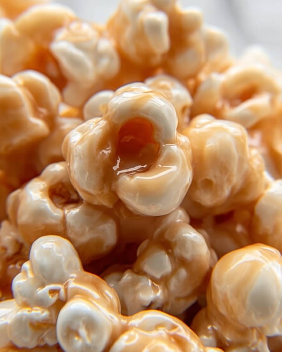 A close-up image of popcorn covered in a shiny white glaze, showing full and partially popped kernels with a smooth, glossy texture. The popcorn pieces are tightly packed together, with a soft off-white color and a slightly creamy look. The background is a white marbled texture. Photo taken with an iphone --ar 4:5 --v 7